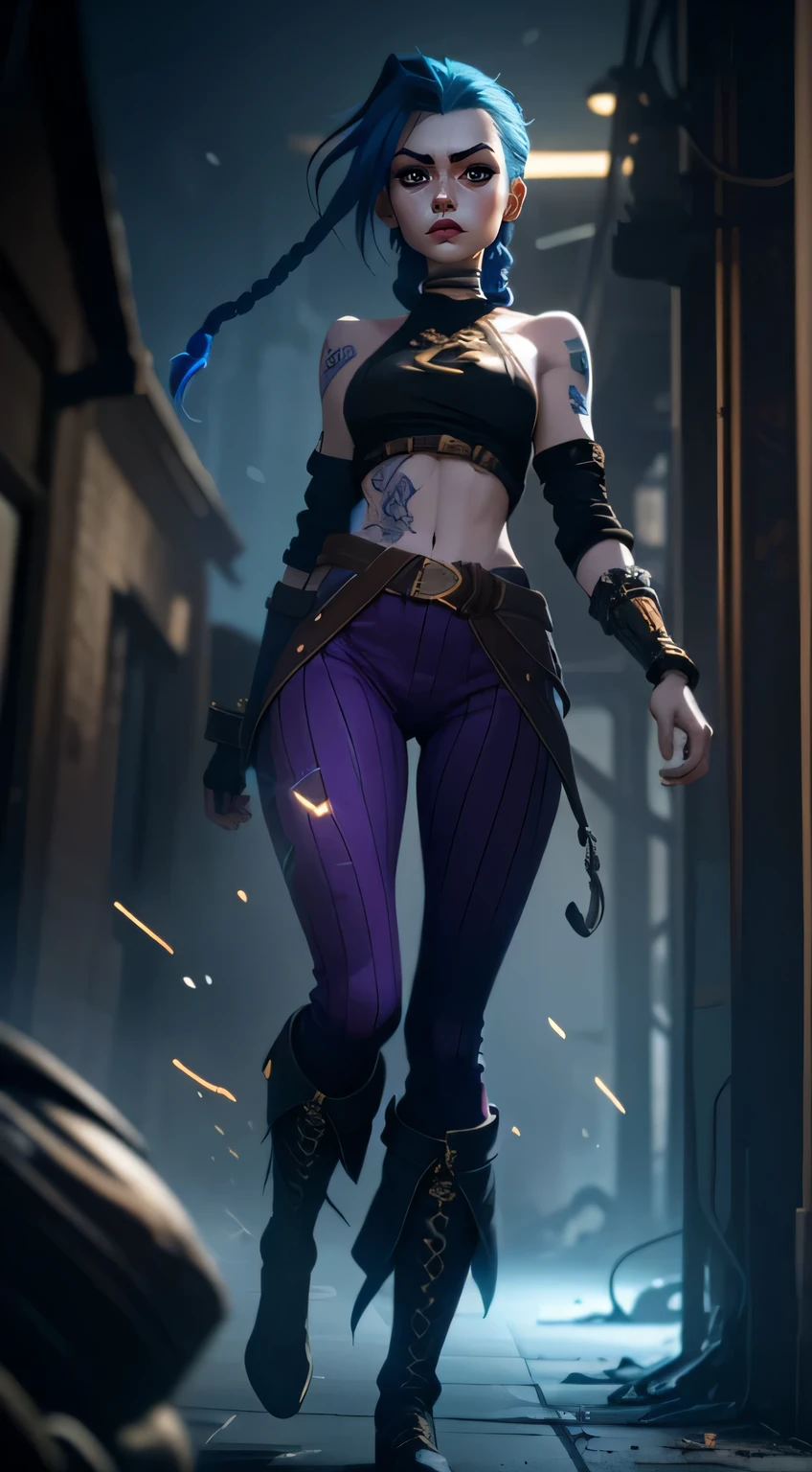 overhead view, The camera looks at Jinx from above, Like in a computer game, Jinx's character design, Dynamic movements, Standing Half-Sideways, stands on the edge of the roof, Fantasy City, City of Piltover, the night, explosions, fire, Smoke, sparks, Purple Flashes, sexypose, Beautiful figure, Arcane's Jinx, Bright blue and purple sparks all around, glowing eyes, Pink glowing eyes, hairlong, hairsh, braided into long braids, Pigtails hang below the knee, Hair color changes from bright blue to navy blue, Dressed in brown breeches, Leather boots on the feet, Top with four gold circles on the chest in the middle of the chest, Blue cloud tattoos on shoulders and waist, Long bangs, hanging on the right side, Belt with cartridges on the belt, Arcane style, extremely detailed CG unity 8k wallpaper, detailed light, Cinematic lighting, chromatic aberration, glittering, expressionless, epic composition, dark in the background, Cherecter Desing, Very detailed, Detailed body, Vibrants, Detailed Face, sharp-focus, anime art, Vibrants, Detailed Face, Hugh Details, sharp-focus, Very drooping face, A detailed eye, super fine illustration, better shadow, finely detail, Beautiful detailed glow, Beautiful detailed, Extremely detailed, expressionless, epic composition,
