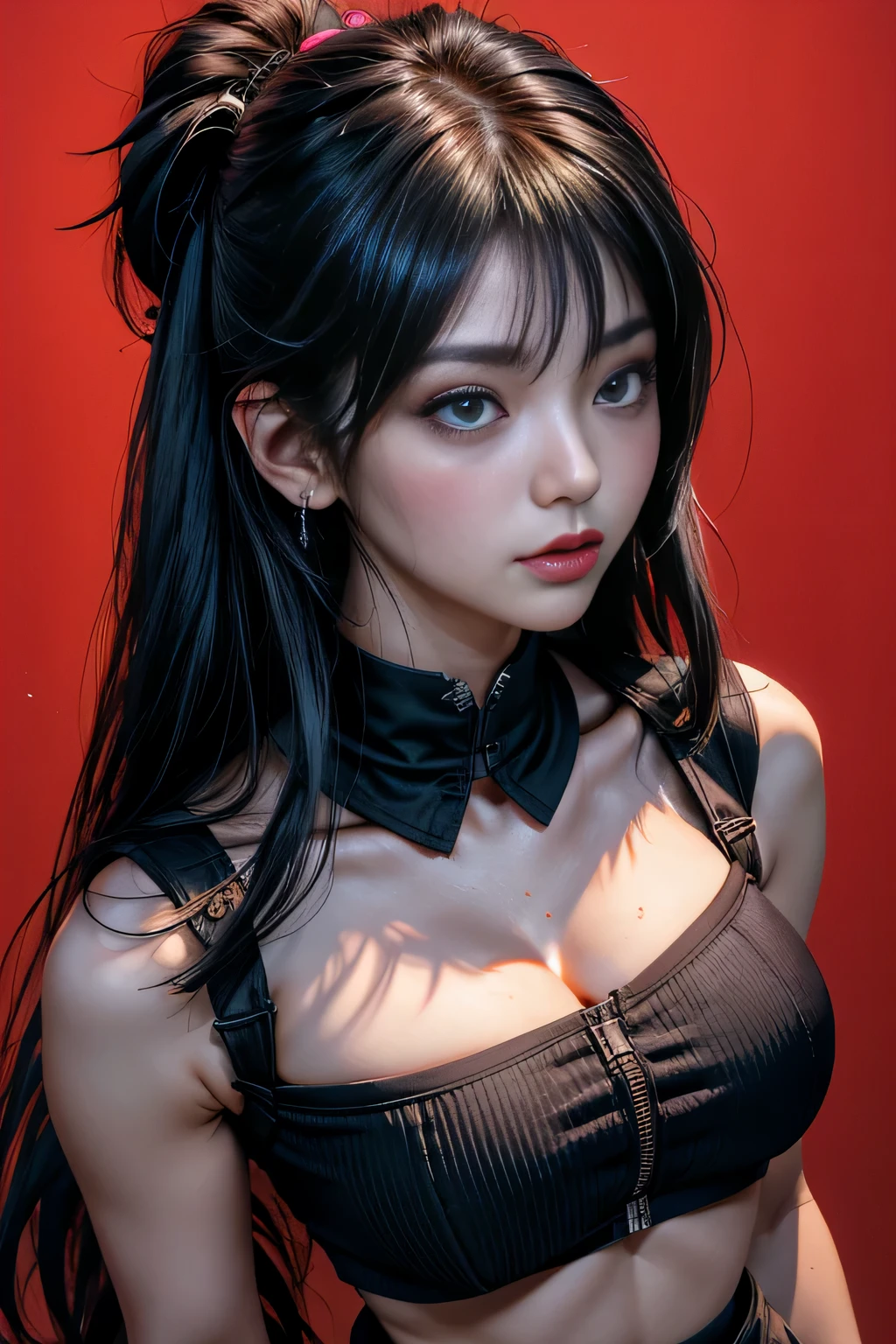 sfw, a japoneses in highschool uniform. 18 yr. oid, Black wet Hair. Survivor Horror (Fatal Frame). Shes a big . Imagem Escura. Olhos com maquiagem em tom cereja., wearing bra,((skinny waist)), young asian girl, ((big breasted)),