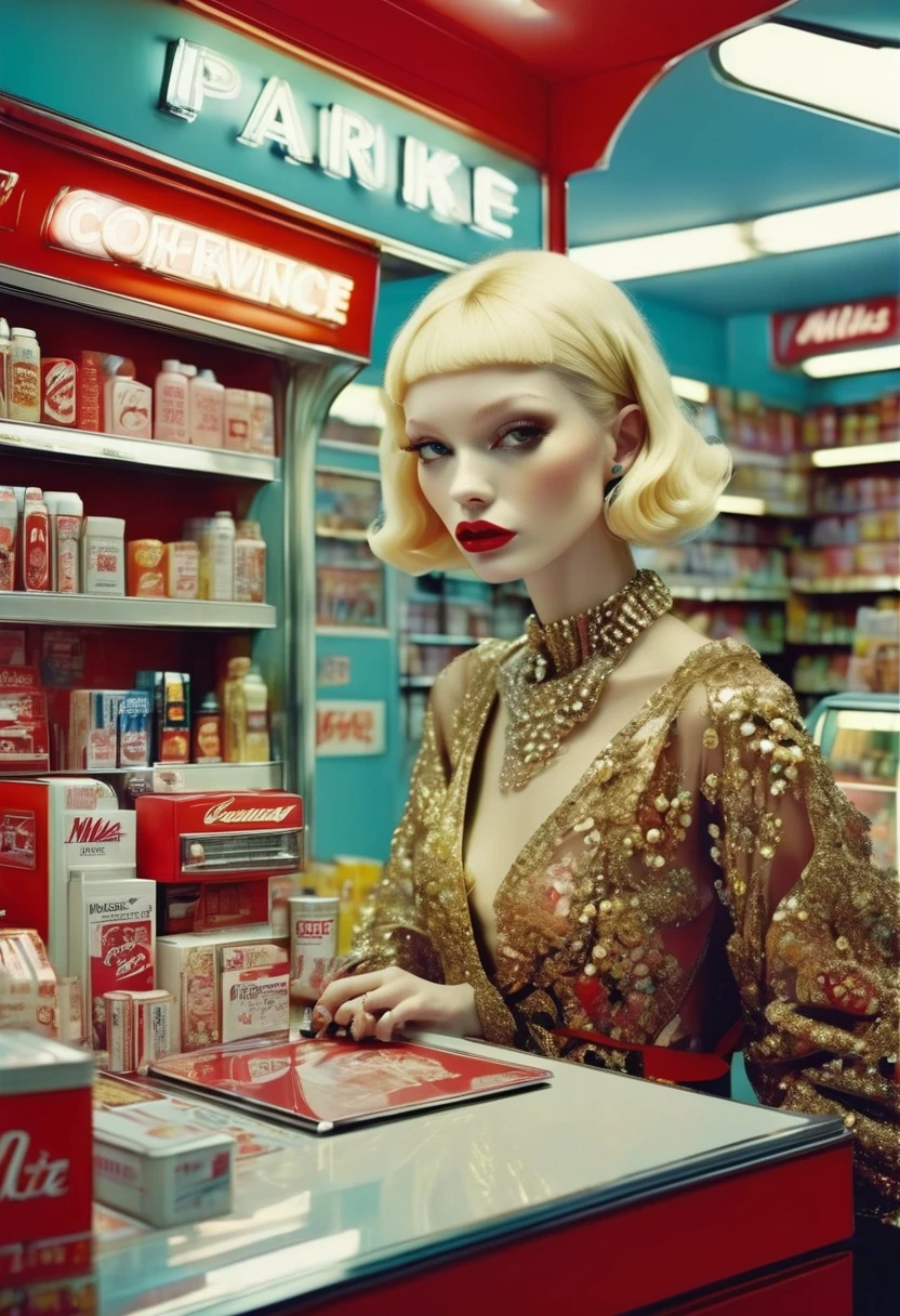 midnight convenience store, best quality, masterpiece, very aesthetic, perfect composition, intricate details, ultra-detailed, by Miles Aldridge