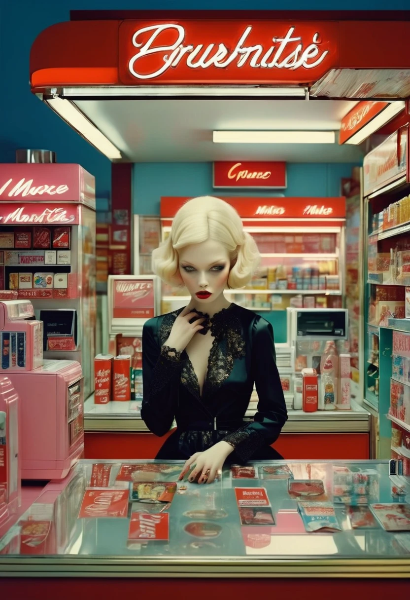 Concept: A figure engaging with a blow-up doll while holding a credit card in one hand and a receipt in the other. The background is a collage of advertisements for dating apps, sex toys, and disposable products. The figure's expression is one of emptiness despite the excess around them.