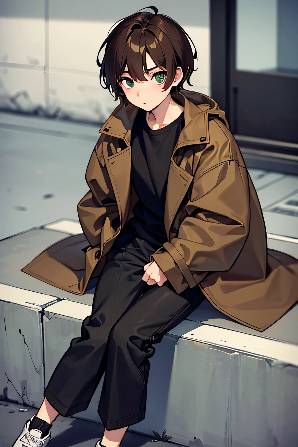 Tomboy girl with very androgynous features. Short, messy brown hair. Green sanpaku eyes. Street clothes, brown coat that is a little big on him and worn pants. Sitting in the middle of the streets.