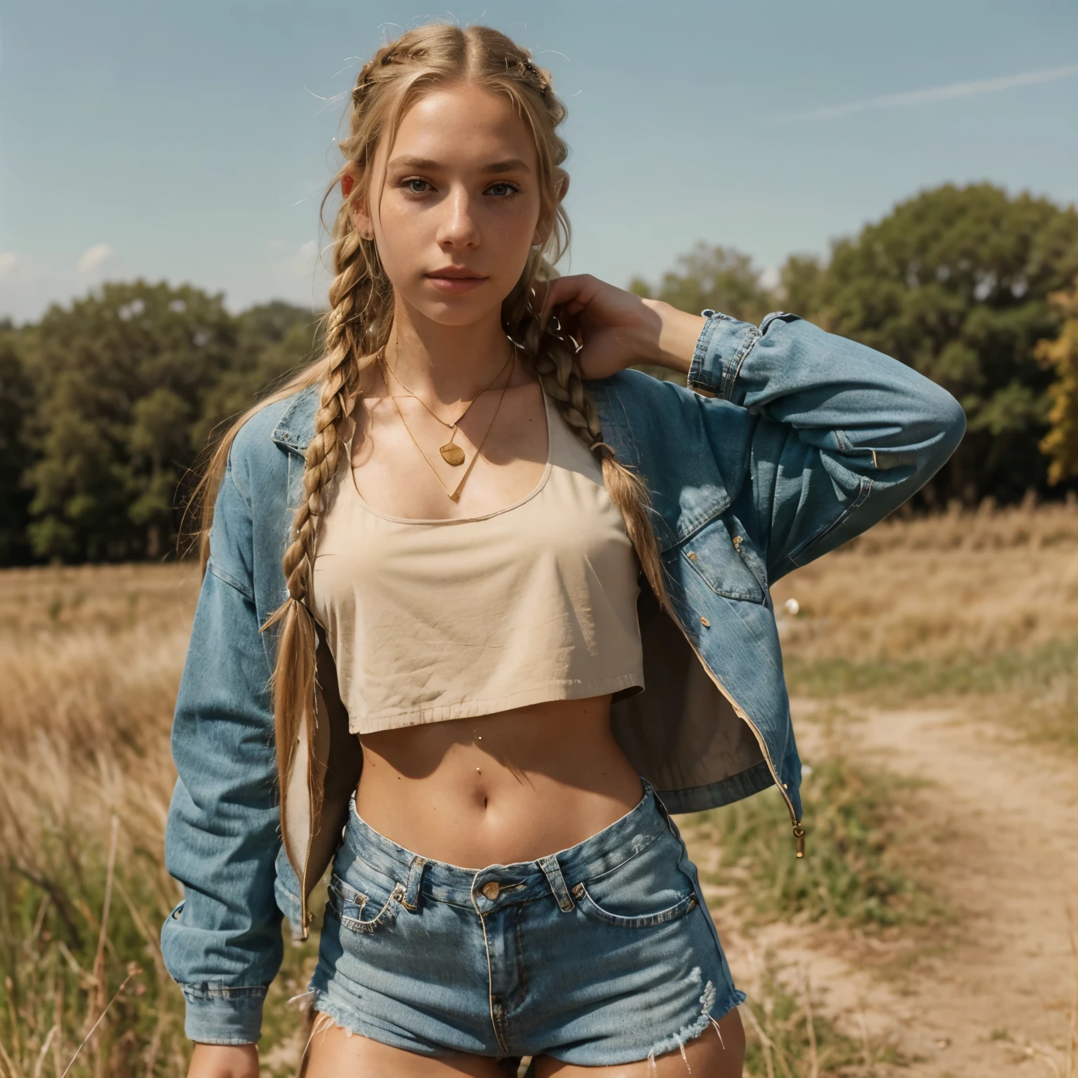 A skinny girl with long blond hair in braids, freckles over her nose, a mole on her cheek, white skin, big ears, a long neck, wearing a good A necklace, a tan crop top, vintage jean shorts, old tan dirty hightops, also wearing a black jacket with a gold zipper who is doing a split in a grassy field. 