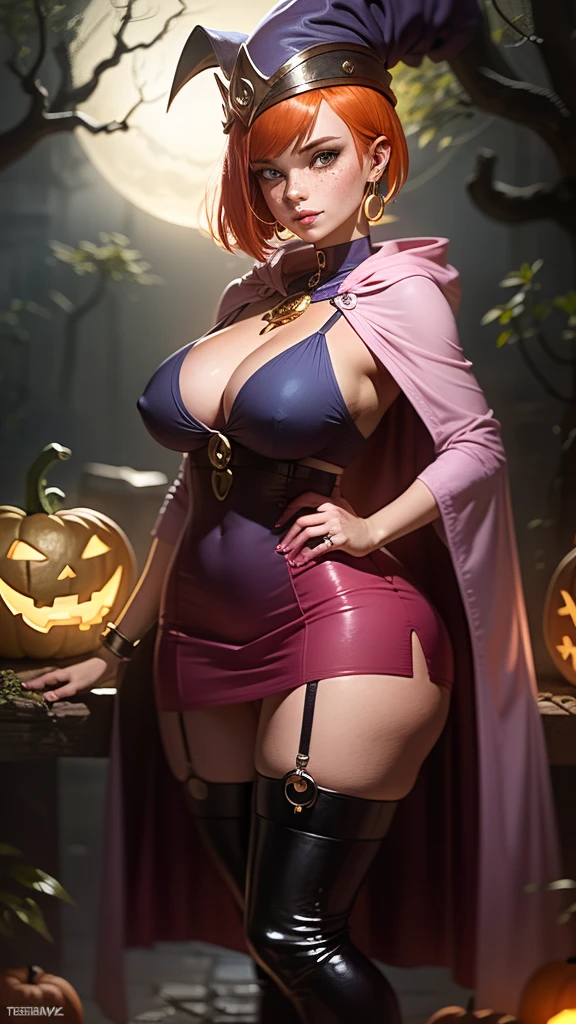 dark magician girl,gwen tennyson,tracer,bulma,rebecca chambers,Yu-Gi-Oh,solo girl,close up,moonlight,gold neck jewelry,body tattoos,short pink skirt,garter belt,short hair,dark magician girl hat,dark magician girl dress,dark magician girl robe,holding a wand,pumpkin village,pink magician girl cloak,silver earrings,halloween forest,glowing pumpkin,green eyes,orange hair,shy smile,freckles,redhead,beautiful girl, large breasts,thigh high boots,ultra detailed,realistic,fantasy art,