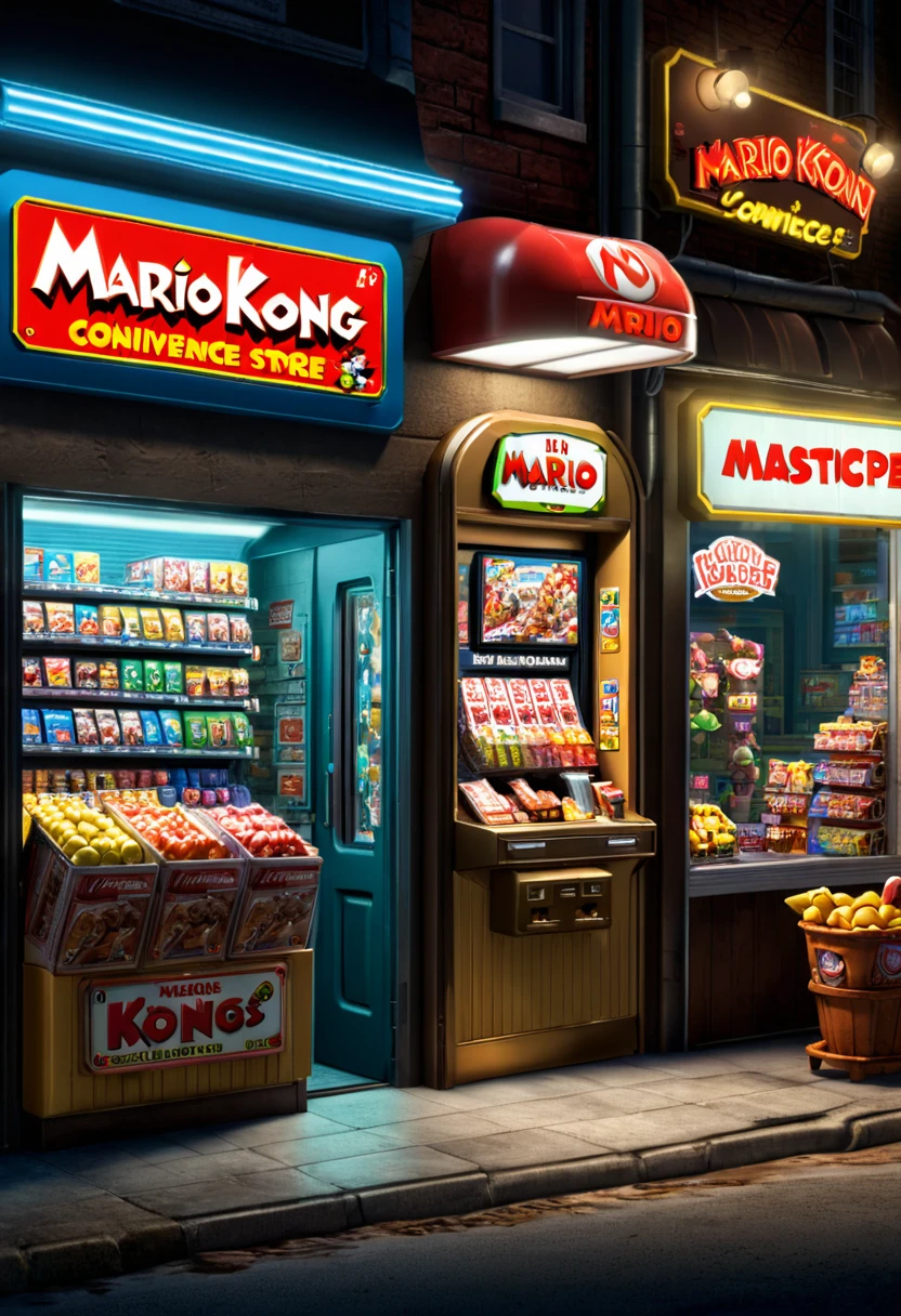 midnight convenience store, Movie Still, action shot, Mario VS Donkey Kong country, (masterpiece, best quality, Professional, perfect composition, very aesthetic, absurdres, ultra-detailed, intricate details:1.3)