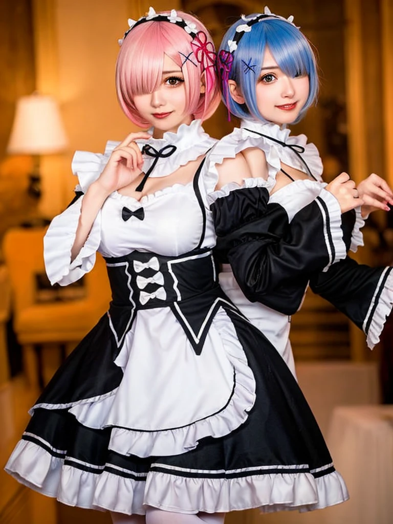 (8K, Photorealistic, Raw photo, of the highest quality: 1.3), (1girl in), Super beautiful, (Realistic face), (boyish, pink Color Berry Shorthair), Beautiful , Glare that captivates the viewer, Beautiful expression, Beautiful breasts, (Realistic skin), Be...Create a detailed and colorful image of Ram and Rem from Re:Zero, standing back-to-back in their maid outfits, with a magical fantasy background、14years old, two girls,cute, perfect face, beautiful, nice body, gothic lolita clothes, gothic lolita fashion, frilly skirt, headdress, necklace, bracelet, knee-high socks, boots, double eyelids, tear bags, Detailed down to the fingers, photo-like description, indoors, dim indoor lighting, one girl is pink hair and short bob, another girl is light blue hair and short bob,standing, sexy posing,whole body, composition that shows the whole body, smiling,The Both of them are wearing the same type of maid outfit,Optimal ratio of 4 fingers and 1 thumb