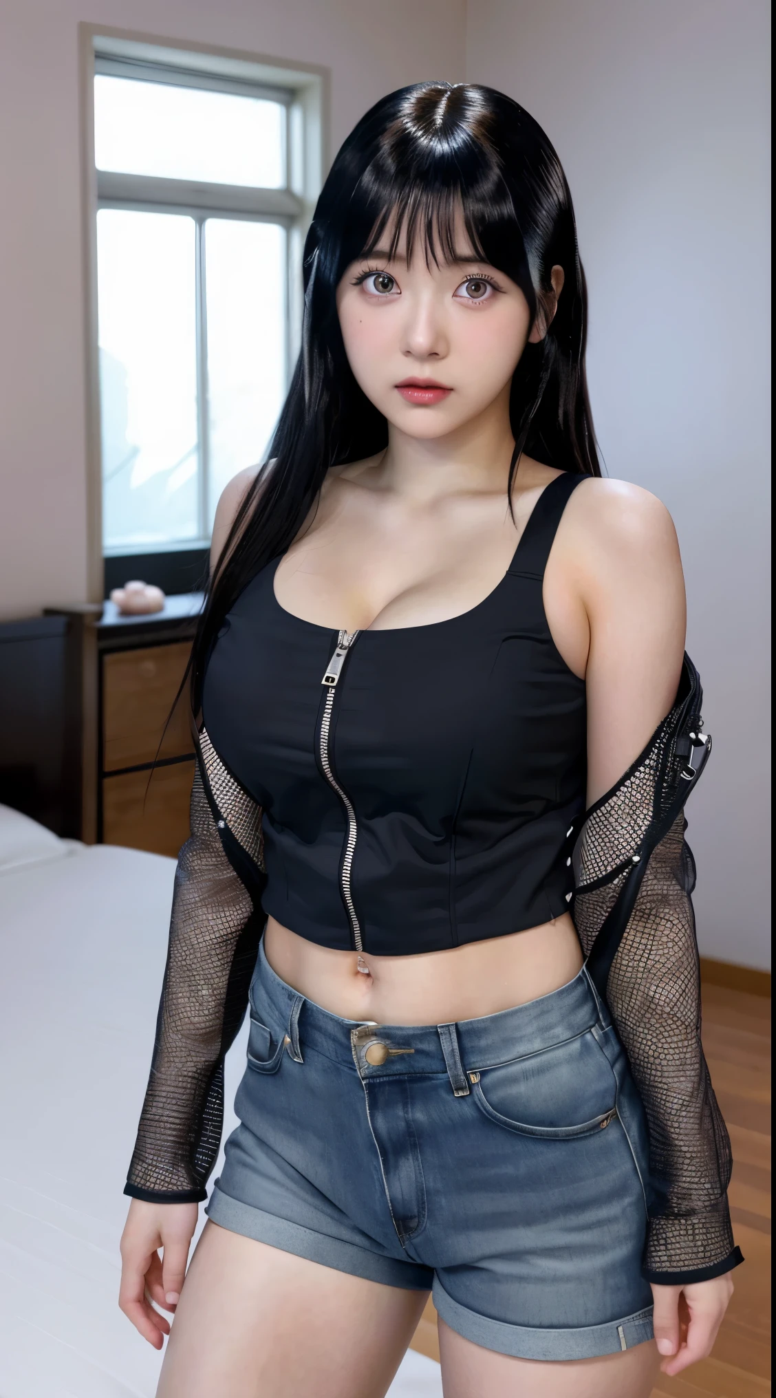 Masterpiece, highres, high Quality, detailed face, detailed body render, 1girl, solo, hyuuga hinata, hinata-sleeveless-outfit, large breasts, big breast, sleeveless shirt, fishnet top, dark lips, unzipped jacket, no bra, breasts out, nipple, standing, blushes, (on bedroom)