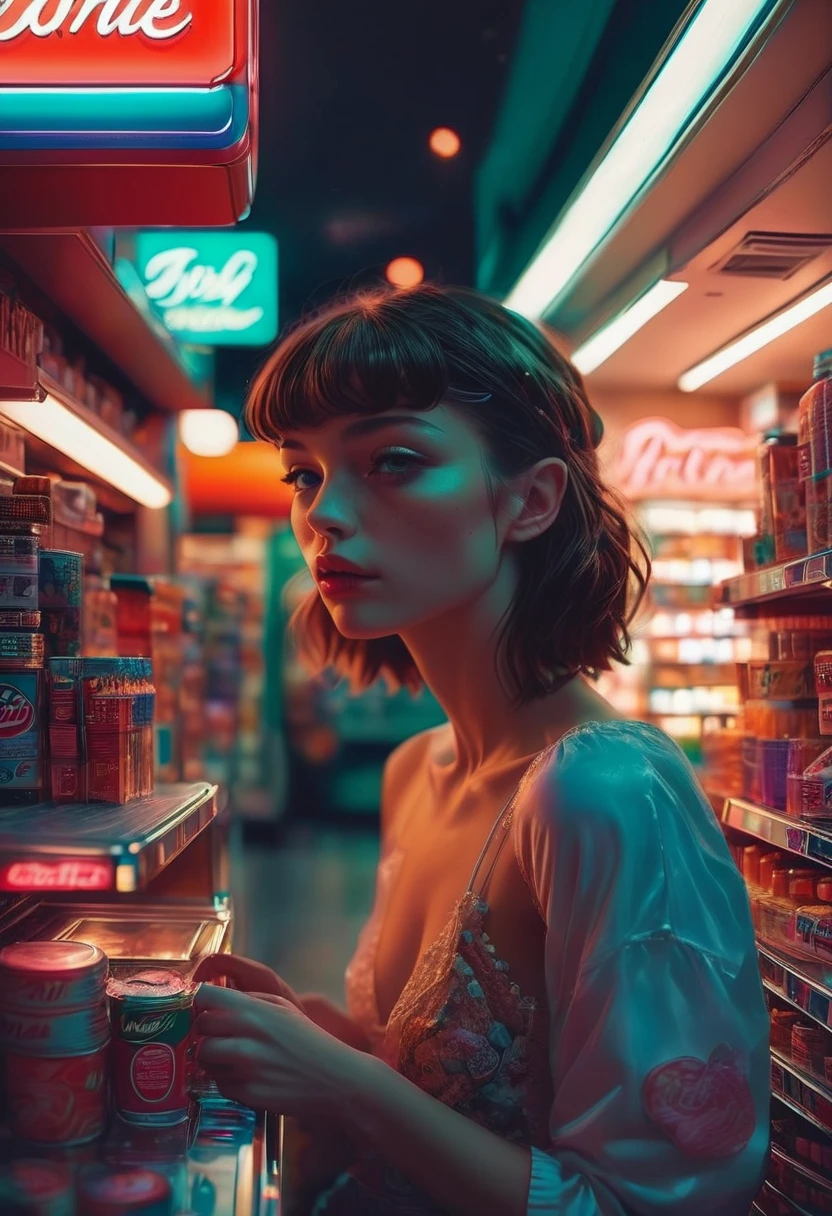 midnight convenience store, best quality, masterpiece, very aesthetic, perfect composition, intricate details, ultra-detailed, by Brandon Woelfel