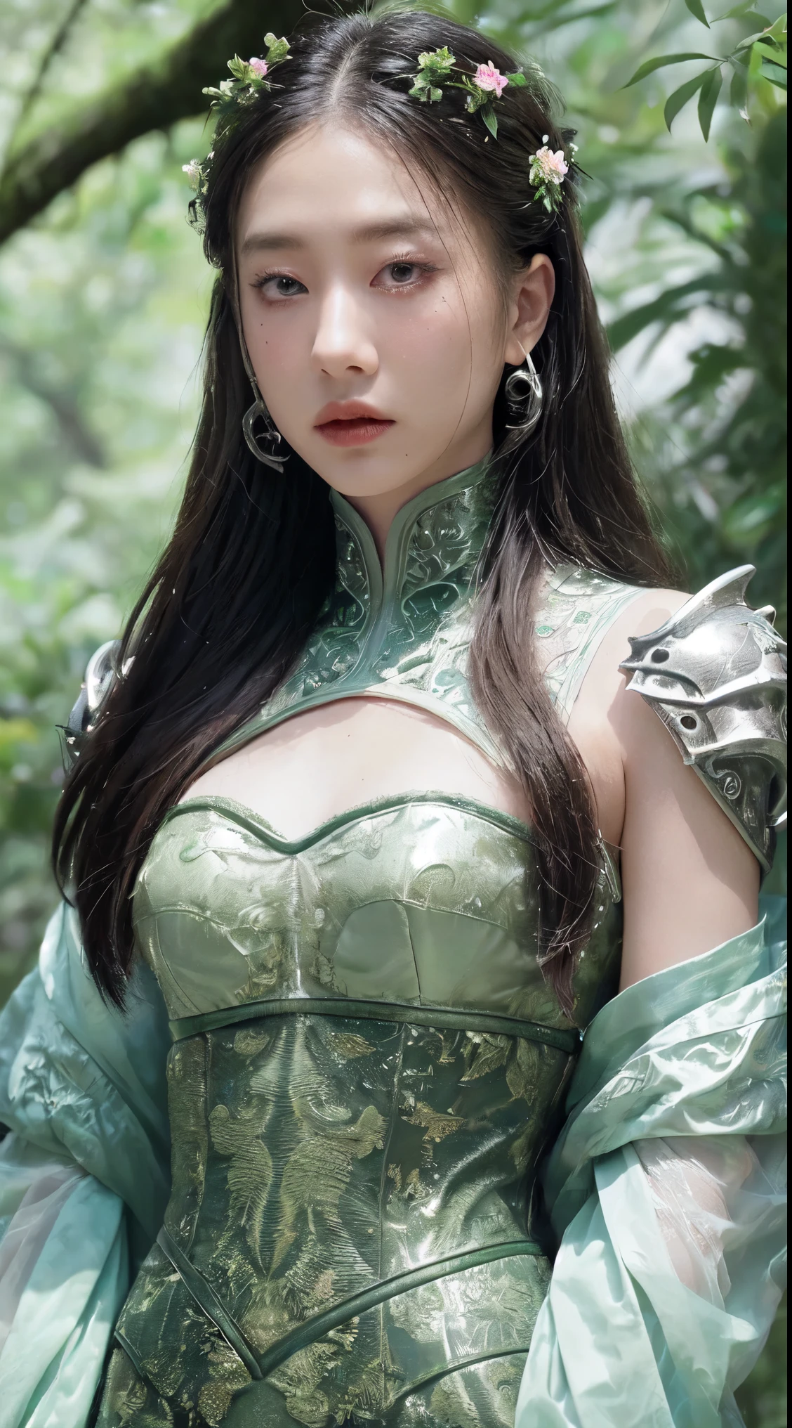 Masterpiece, best quality, 8K, high res, ultra-detailed, A scene of a waterfall cascading down a high cliff amongst lush greenery, adorned by vibrant flowers, towering pines, and delicate bamboo groves,no humans, sakura, beautiful view, ultra-detailed, fine detailed, highly detailed, intricate, highly detailed, ultra-detailed, scenery,no humans, lush green mountains, winding rivers, misty atmosphere, solitary, intricate details, delicate features, verdant trees, blooming flowers, druid's circle, soft moss, deep forest, intricate leaves and vines, wisps of light, still pool of water, pristine, verdant green, A picturesque scene of a waterfall cascading down a high cliff amongst lush greenery, adorned by vibrant flowers, towering pines, and delicate bamboo groves.a close up of a robot with a red eye and a sword, movie still of a villain cyborg, inspired by Raymond Swanland, wearing witchblade armor, movie still of a alien cyborg, style of raymond swanland, crysis nanosuit, intricate assasin mecha armor, face of an armored villian, movie still of a cool cyborg