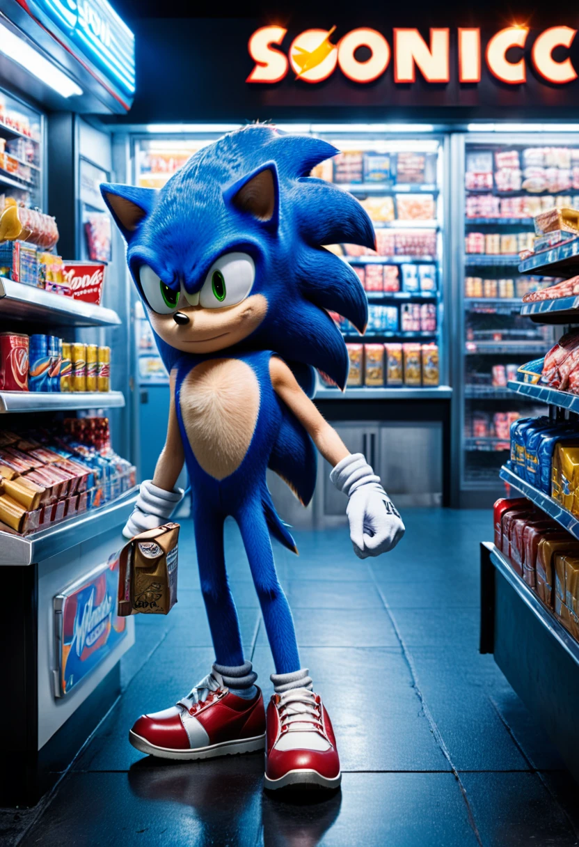 midnight convenience store, Movie Still, action shot, Sonic, (masterpiece, best quality, Professional, perfect composition, very aesthetic, absurdres, ultra-detailed, intricate details:1.3)