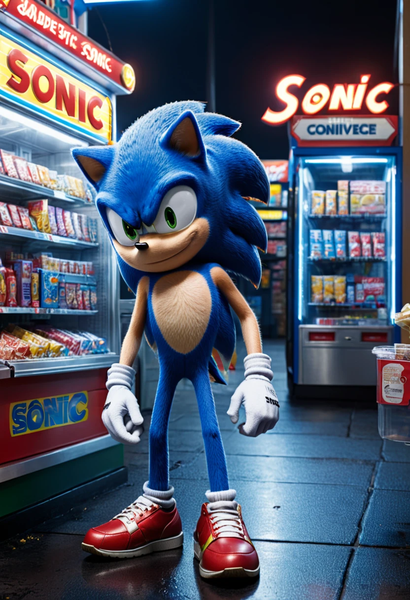 midnight convenience store, Movie Still, action shot, Sonic, (masterpiece, best quality, Professional, perfect composition, very aesthetic, absurdres, ultra-detailed, intricate details:1.3)
