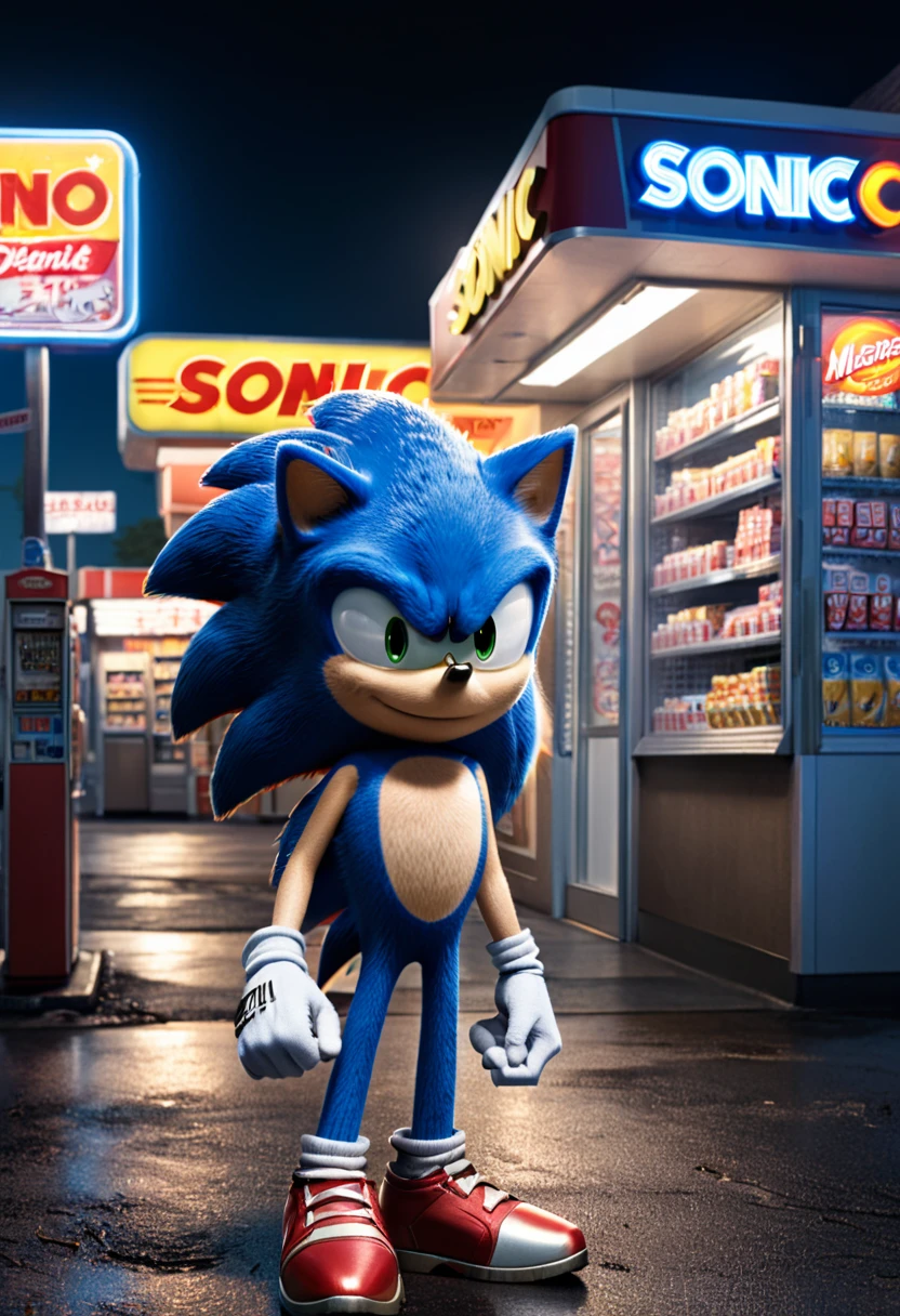 midnight convenience store, Movie Still, action shot, Sonic, (masterpiece, best quality, Professional, perfect composition, very aesthetic, absurdres, ultra-detailed, intricate details:1.3)