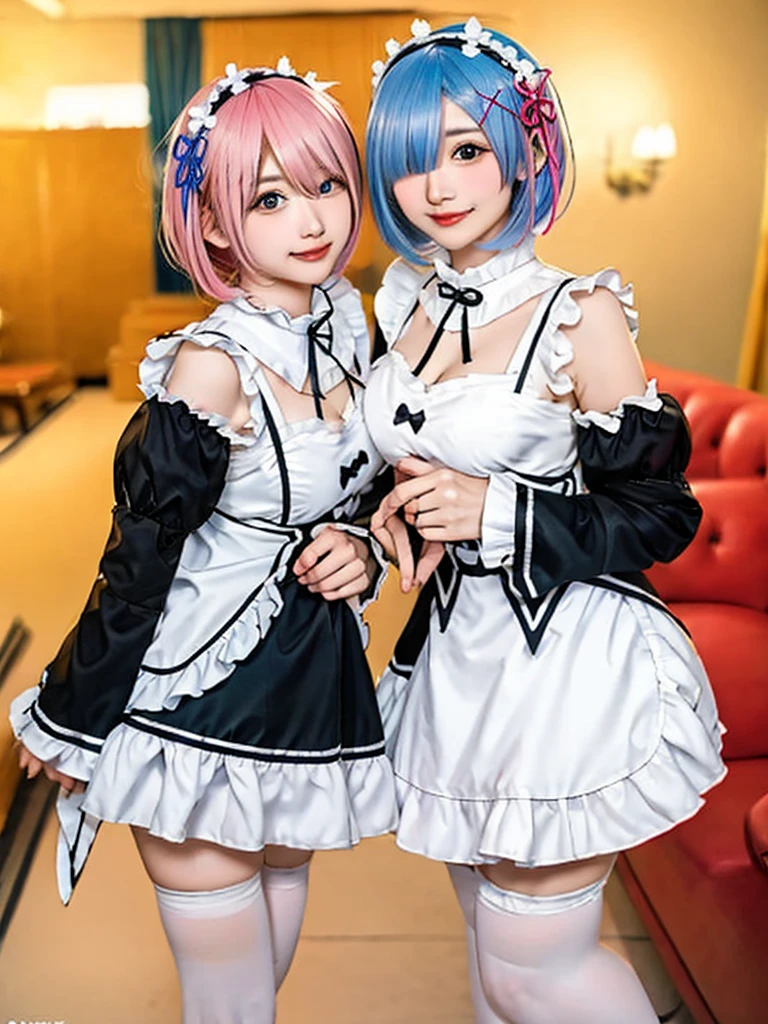 (8K, Photorealistic, Raw photo, of the highest quality: 1.3), (1girl in), Super beautiful, (Realistic face), (boyish, pink Color Berry Shorthair), Beautiful , Glare that captivates the viewer, Beautiful expression, Beautiful breasts, (Realistic skin), Be...Create a detailed and colorful image of Ram and Rem from Re:Zero, standing back-to-back in their maid outfits, with a magical fantasy background、14years old, two girls,cute, perfect face, beautiful, nice body, gothic ta clothes, gothic loliashion, frilly skirt, headdress, necklace, bracelet, knee-high socks, boots, double eyelids, tear bags, Detailed down to the fingers, photo-like description, indoors, dim indoor lighting, one girl is pink hair and short bob, another girl is light blue hair and short bob,standing, sexy posing,whole body, composition that shows the whole body, smiling,The Both of them are wearing the same type of maid outfit,Optimal ratio of 4 fingers and 1 thumb