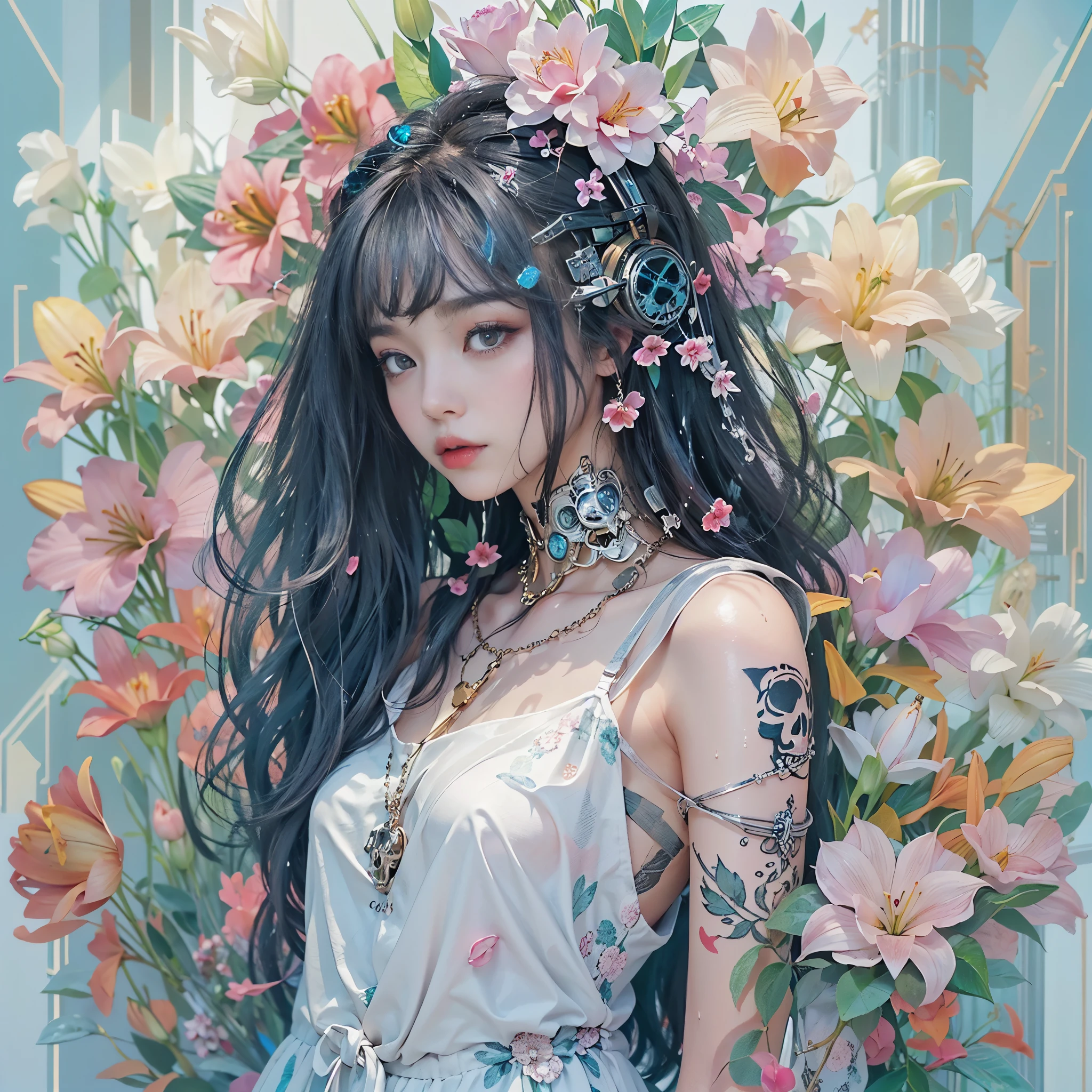 ((One, 1 girl, tattoos, glowing tattoos, brilliant, white-fluffy 16+), (skull, Flowers), (black transparent dress-clothing)), (sexual, erotic)) _((Delicate scarlet lips), (straight black hair - long, basic moments, blue, cascade), (multi-colored brilliant hair), (cool shine, Wet straight hair))_((stylization; clear line, clear outline, high quality line drawing, shading))_((simple color palettes), (color fill, Color saturation, saturation, harmony, balance), (rich pastel colors, Pure colors), (cyberpunk))_((sexual, erotic), (simple, Minimum accessories), (Necklaces and thin rings made of silver or gold.), (simple bracelets, unusual designs, simple silhouettes), (erotic style))_((background),(abstract minimalism), (stunning cybernetic Flowers), ( lilies, extremely unusual, long stems - large stems, skull, Flowers)).