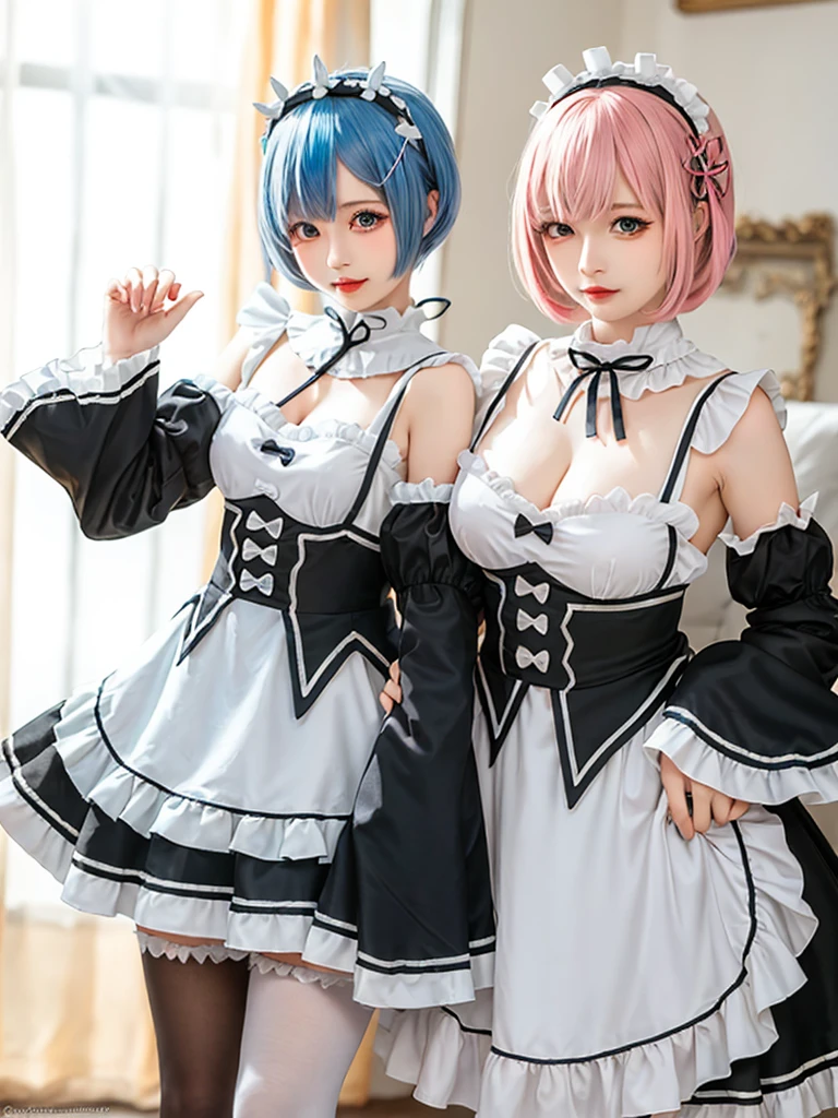 (8K, Photorealistic, Raw photo, of the highest quality: 1.3), (1girl in), Super beautiful, (Realistic face), (boyish, pink Color Berry Shorthair), Beautiful , Glare that captivates the viewer, Beautiful expression, Beautiful breasts, (Realistic skin), Be...Create a detailed and colorful image of Ram and Rem from Re:Zero, standing back-to-back in their maid outfits, with a magical fantasy background、14years old, two girls,cute, perfect face, beautiful, nice body, gothic lolita clothes, gothic lolita fashion, frilly skirt, headdress, necklace, bracelet, knee-high socks, boots, double eyelids, tear bags, Detailed down to the fingers, photo-like description, indoors, dim indoor lighting, one girl is pink hair and short bob, another girl is light blue hair and short bob,standing, sexy posing,whole body, composition that shows the whole body, smiling,The Both of them are wearing the same type of maid outfit,Optimal ratio of 4 fingers and 1 thumb