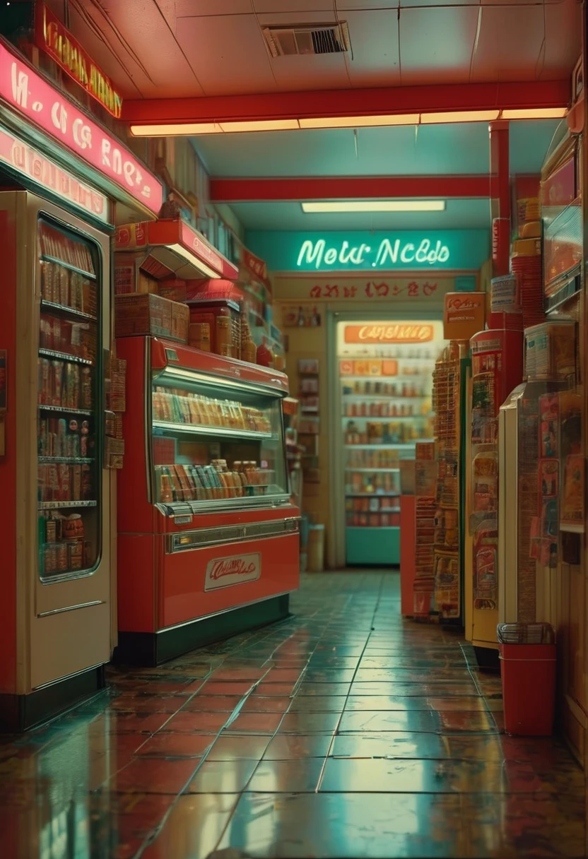 midnight convenience store, best quality, masterpiece, very aesthetic, perfect composition, intricate details, ultra-detailed, by Wes Anderson