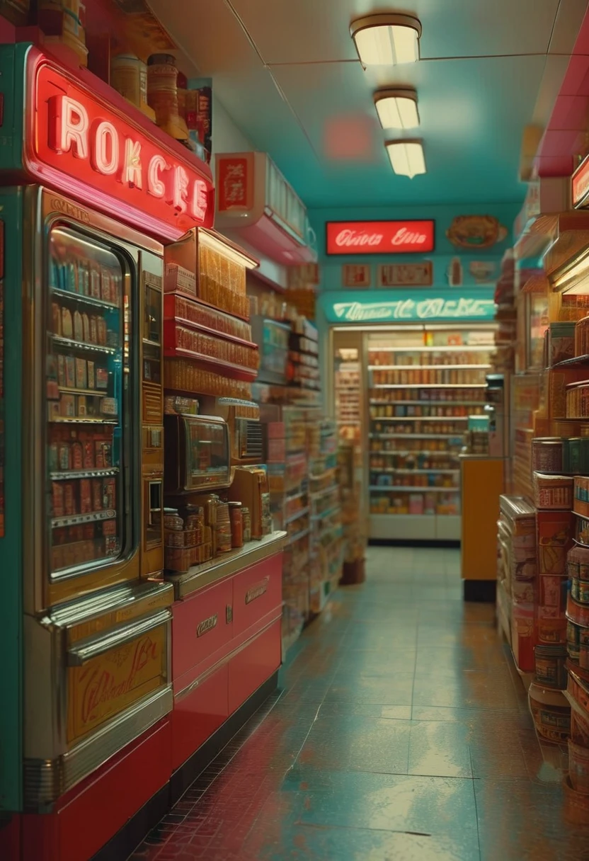 midnight convenience store, best quality, masterpiece, very aesthetic, perfect composition, intricate details, ultra-detailed, by Wes Anderson