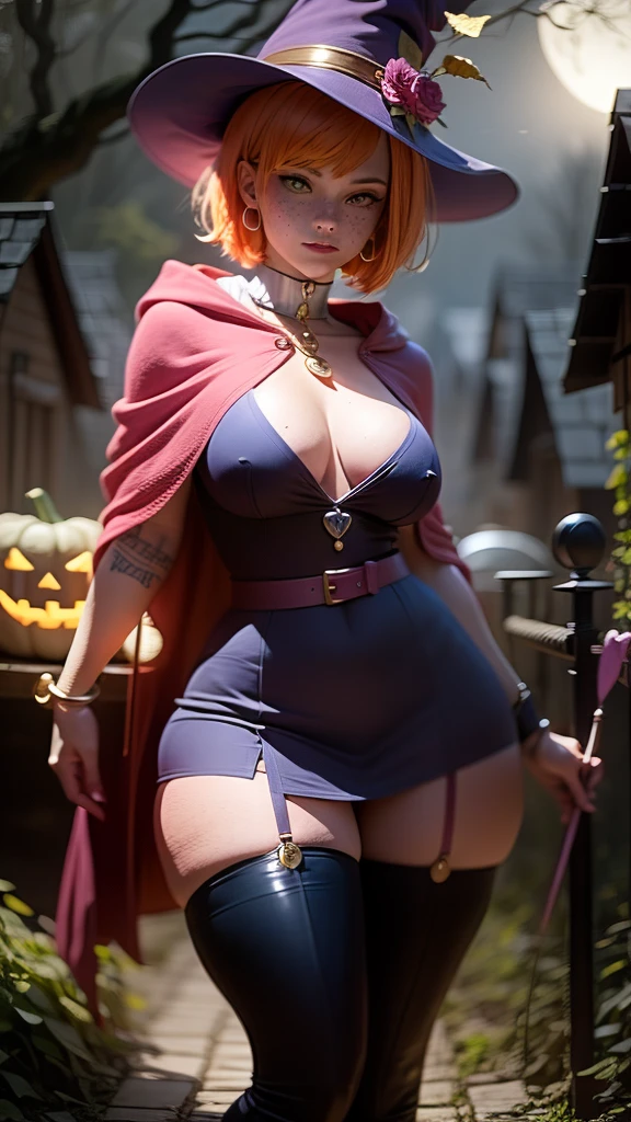 dark magician girl,gwen tennyson,tracer,bulma,rebecca chambers,Yu-Gi-Oh,solo girl,close up,moonlight,gold neck jewelry,body tattoos,short pink skirt,garter belt,short hair,dark magician girl hat,dark magician girl dress,dark magician girl robe,holding a wand,pumpkin village,pink magician girl cloak,silver earrings,halloween forest,glowing pumpkin,green eyes,orange hair,shy smile,freckles,redhead,beautiful girl, large breasts,thigh high boots,ultra detailed,realistic,fantasy art,