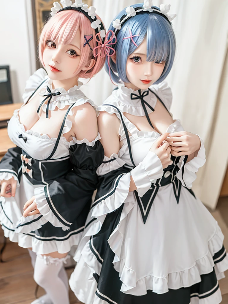 (8K, Photorealistic, Raw photo, of the highest quality: 1.3), (1girl in), Super beautiful, (Realistic face), (boyish, pink Color Berry Shorthair), Beautiful , Glare that captivates the viewer, Beautiful expression, Beautiful breasts, (Realistic skin), Be...Create a detailed and colorful image of Ram and Rem from Re:Zero, standing back-to-back in their maid outfits, with a magical fantasy background、14years old, two girls,cute, perfect face, beautiful, nice body, gothic ta clothes, gothic loliashion, frilly skirt, headdress, necklace, bracelet, knee-high socks, boots, double eyelids, tear bags, Detailed down to the fingers, photo-like description, indoors, dim indoor lighting, one girl is pink hair and short bob, another girl is light blue hair and short bob,standing, sexy posing,whole body, composition that shows the whole body, smiling,The Both of them are wearing the same type of maid outfit,Optimal ratio of 4 fingers and 1 thumb