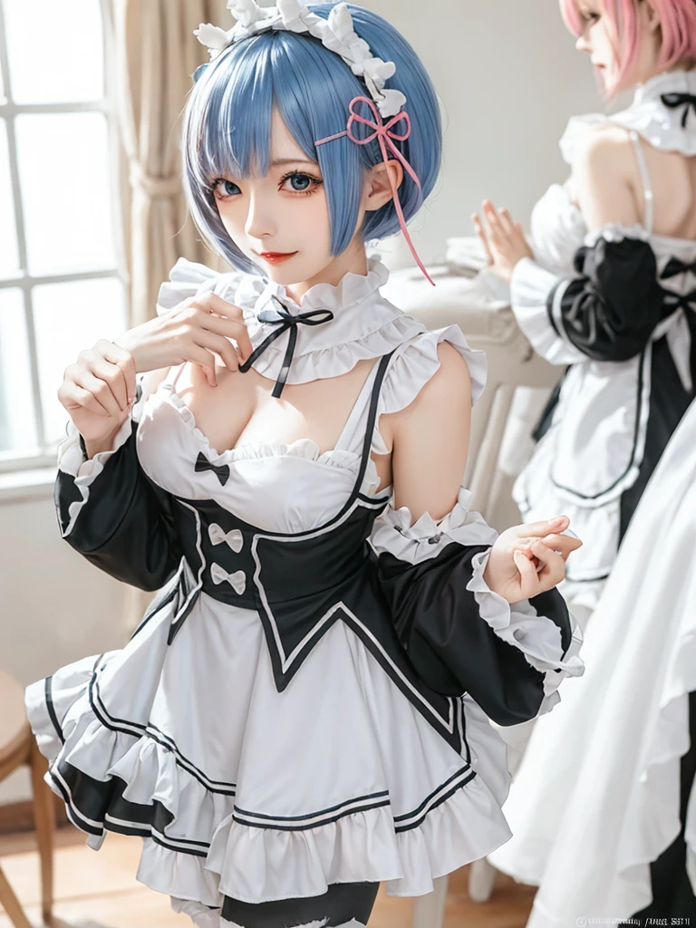 (8K, Photorealistic, Raw photo, of the highest quality: 1.3), (1girl in), Super beautiful, (Realistic face), (boyish, pink Color Berry Shorthair), Beautiful , Glare that captivates the viewer, Beautiful expression, Beautiful breasts, (Realistic skin), Be...Create a detailed and colorful image of Ram and Rem from Re:Zero, standing back-to-back in their maid outfits, with a magical fantasy background、14years old, two girls,cute, perfect face, beautiful, nice body, gothic lolita clothes, gothic lolita fashion, frilly skirt, headdress, necklace, bracelet, knee-high socks, boots, double eyelids, tear bags, Detailed down to the fingers, photo-like description, indoors, dim indoor lighting, one girl is pink hair and short bob, another girl is light blue hair and short bob,standing, sexy posing,whole body, composition that shows the whole body, smiling,The Both of them are wearing the same type of maid outfit,Optimal ratio of 4 fingers and 1 thumb