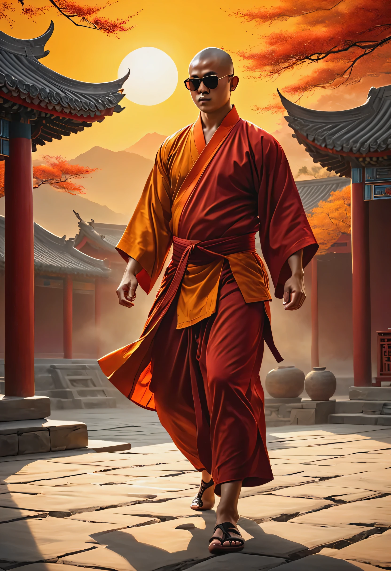 (best quality,4k,8k,highres,masterpiece:1.2),ultra-detailed,(realistic,photorealistic,photo-realistic:1.37),shaolin monk dynamic pose with sun glasses,traditional painting,ancient Chinese martial arts,graceful movements,strong and powerful,calm and focused expression,serene background,subtle brush strokes,impressive lighting,traditional Chinese calligraphy,emphasizing the flowing robes and intricate details,golden sunset glow,deep red and vibrant orange color palette,harmonious balance between motion and stillness,exquisite craftsmanship,sharp contrast between light and shadow,light reflecting off the sunglasses,meticulous attention to facial features and muscular physique,depicting inner strength and tranquility,immersive 3D rendering,impressive depth of field.