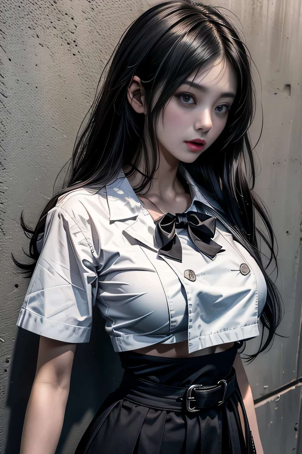 sfw, a japoneses in highschool uniform. 18 yr. oid, Black wet Hair. Survivor Horror (Fatal Frame). Shes a big . Imagem Escura. Olhos com maquiagem em tom cereja., wearing bra,((skinny waist)), young asian girl, ((big breasted)),