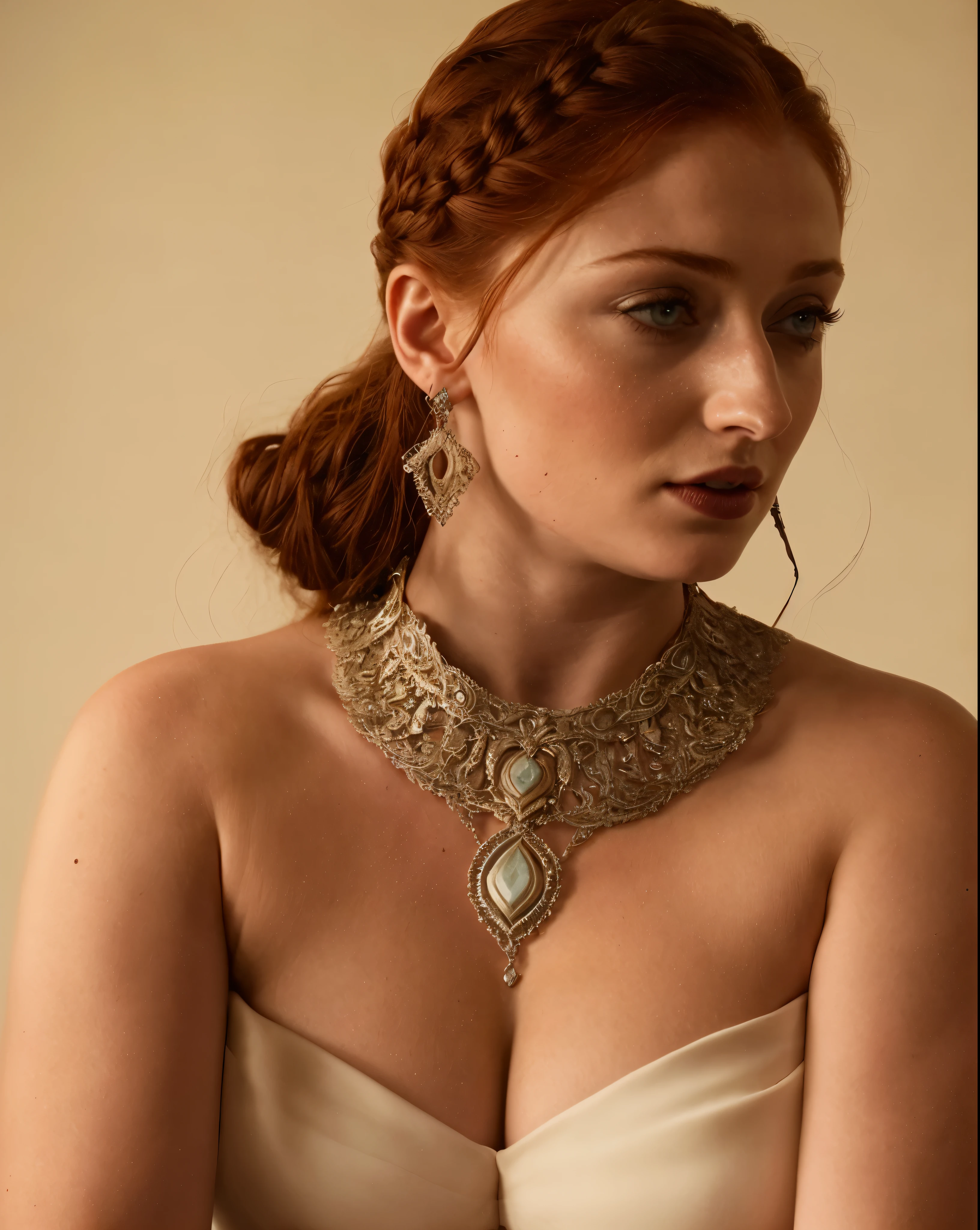 Face of Sophie Turner, Sansa Stark played by Sophie Turner, the de facto Lady of the Eyrie, is a 40-year-old mature queen with a stunning, alluring appearance. Full Face, pierced eyes, reddish lips, upper body shot, erotic Mediaeval costumes, game of thrones costumes, She wears a Game of Thrones-inspired costume and has a deep cleavage, a perfect thick body, and a perfect thick figure. The photograph captures her in a close-up, with her skin texture and facial features being ultra-realistic and realistic. Juicy thick figure, high quality skin, Skin pores, amazing details, 