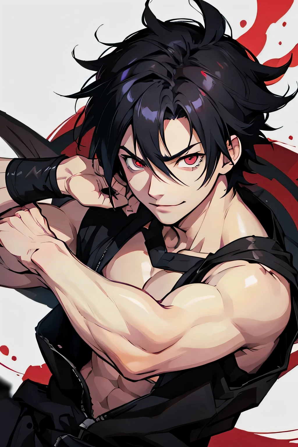 man, white skin, smile, strong, black spiky hair, anime style, sasuke style, sharingan