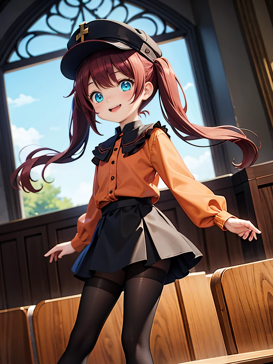 Burgundy hair, long hair, two pigtails, cyan eyes, orange shirt, black skirt, brown tights, black shoes, small, short, little, young, , flat, , cap, cheery, happy, church