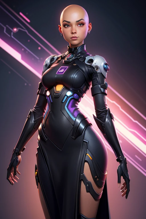 1 beautiful bald black woman with mechanical arms in a colorful dress, sci-fi, (digital painting by Andree Kohn )