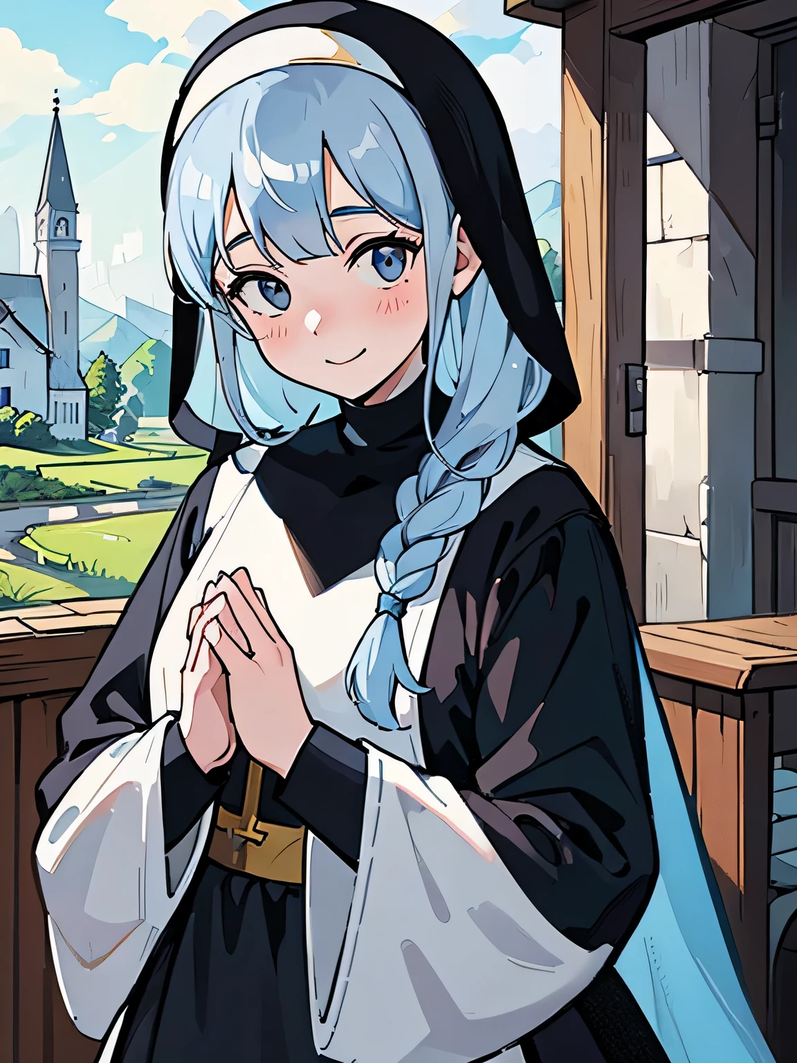 Illustration of a nun smiling with a slightly embarrassed and gentle expression, her face slightly childish, her pale blue hair braided and hanging down over her shoulders, her hands folded as if in prayer, her gray eyes narrowed as she looks at us. The background is a small church in the countryside.