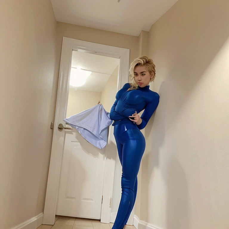 Miley Cyrus with dyed blonde hair dressed in elegant tight suit