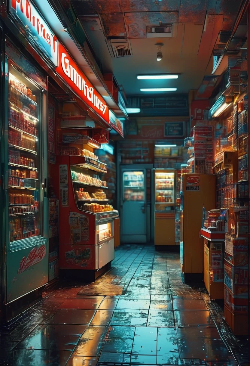 midnight convenience store, best quality, masterpiece, very aesthetic, perfect composition, intricate details, ultra-detailed, by Otto Pilny