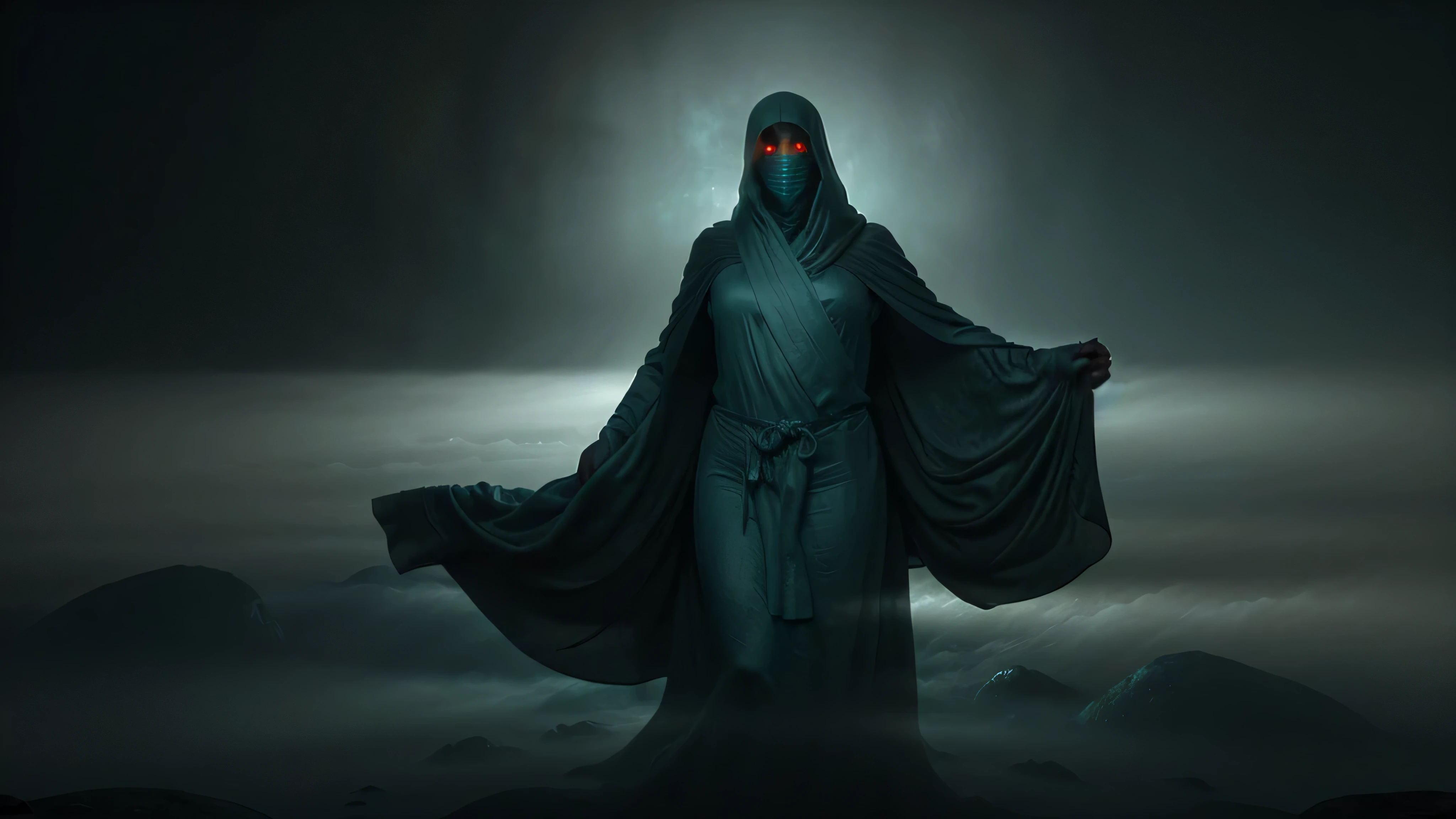 A mysterious figure emerging from the mist, draped in flowing robes, illuminated by a faint glow