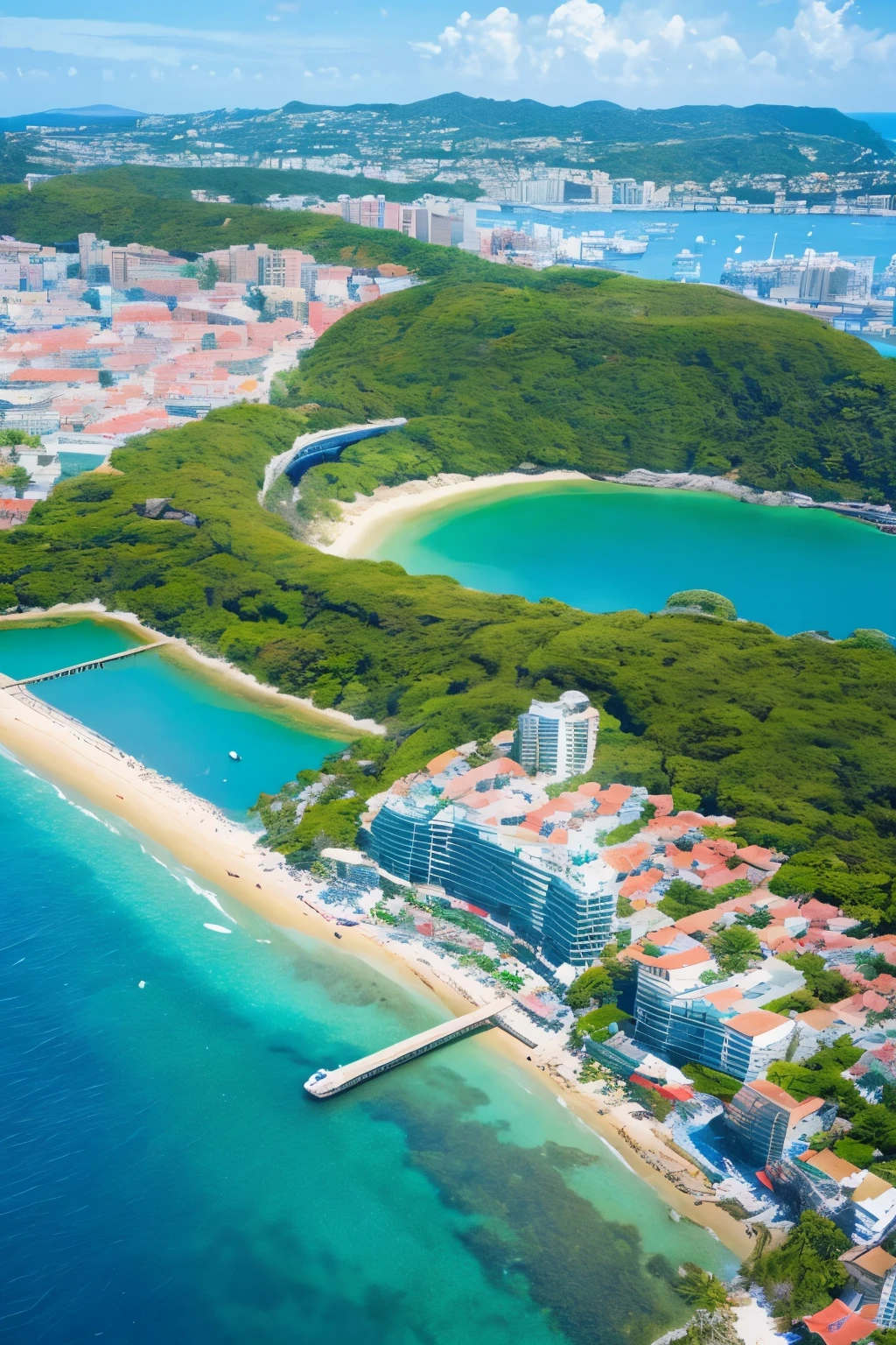 ((Best quality, 8K, Masterpiece :1.3)), Three beautiful cities on an island: 1.3,
Vibrant colors of buildings and nature: 1.2, Clear blue water: 1.2,
Lush green palms and vegetation: 1.4, Detailed facades of structures: 1.5,
Sunlight reflecting off the water: 1.2, Crystalline sandy beaches: 1.2,
Local life and culture depicted: 1.3, Bird's eye view of the island: 1.1,
Rich and diverse architecture: 1.2, Picturesque harbor scenes: