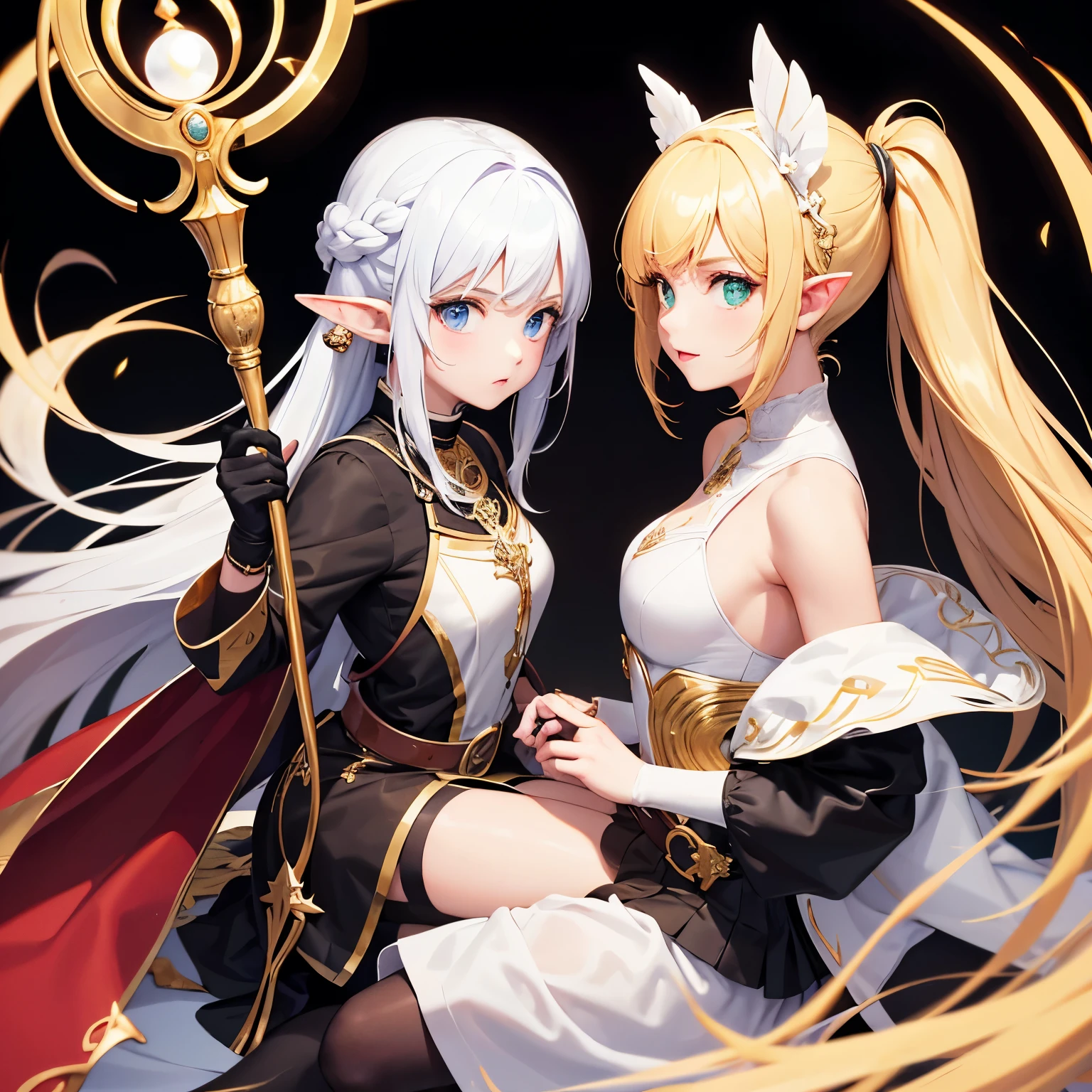 Genera la imagen de una elfa de cabello blanco, Her hairstyle consists of 2 pigtails on the sides and a little at the back., tienes los ojos verdes, tiene aretes de color dorado en sus orejas, es de piel blanca, That elf is a sorceress so she holds a staff in her right hand, The staff is red with a golden ring at the top and inside this ring it has a red gem, He wears black tights and brown ankle boots., usa un chaleco liso de color blanco y las orillas en color dorado, usa el chaleco abierto, debajo del chaleco usa una blusa a rayas horizontales, las rayas son color negro y blanco, usa una falda blanca con los bordes en color dorado, and a black leather belt