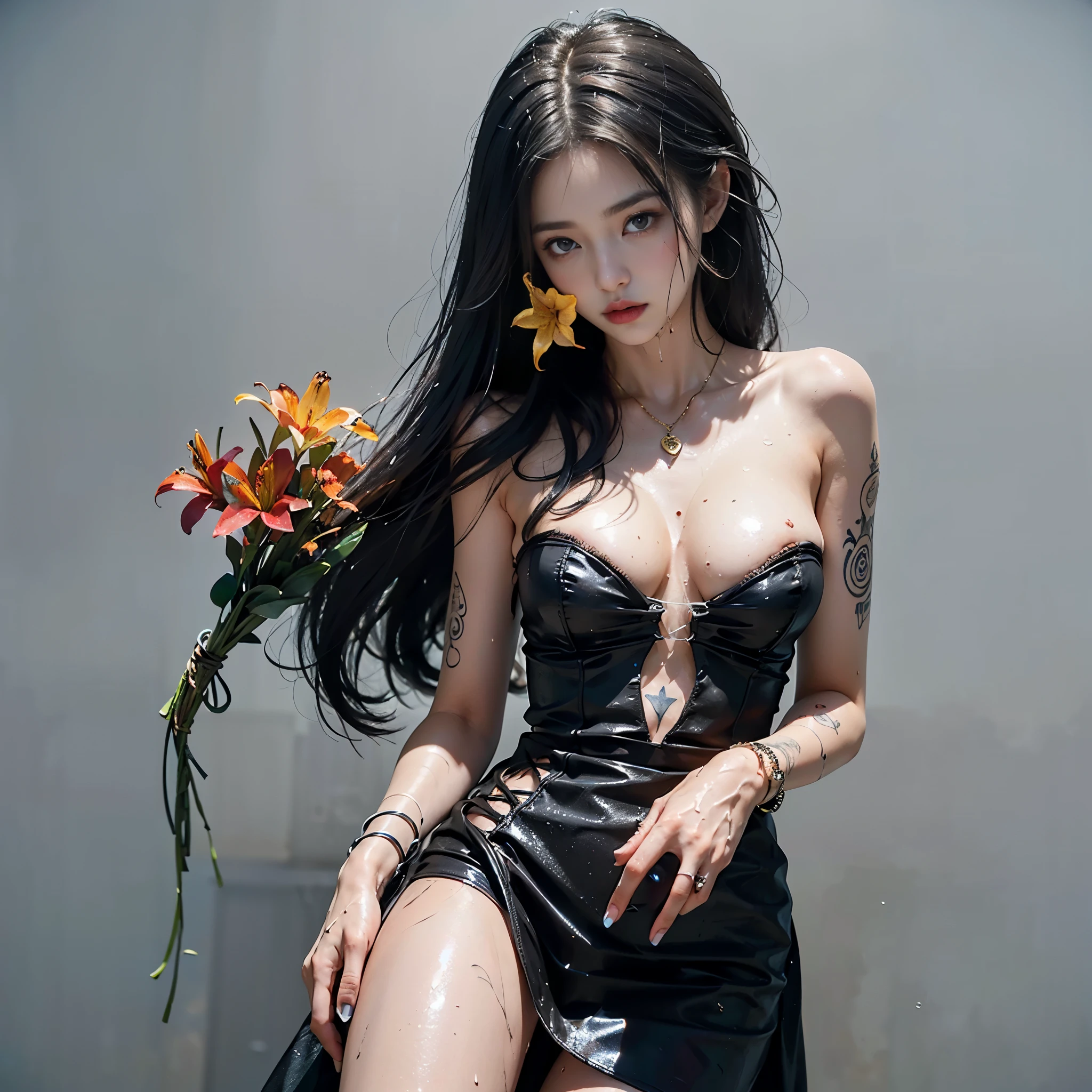 ((One, 1 girl, tattoos, glowing tattoos, brilliant, white-fluffy 16+), (skull, Flowers), (black transparent dress-clothing)), (sexual, erotic)) _((Delicate scarlet lips), (straight black hair - long, basic moments, blue, cascade), (multi-colored brilliant hair), (cool shine, Wet straight hair))_((stylization; clear line, clear outline, high quality line drawing, shading))_((simple color palettes), (color fill, Color saturation, saturation, harmony, balance), (rich pastel colors, Pure colors), (cyberpunk))_((sexual, erotic), (simple, Minimum accessories), (Necklaces and thin rings made of silver or gold.), (simple bracelets, unusual designs, simple silhouettes), (erotic style))_((background),(abstract minimalism), (stunning cybernetic Flowers), ( lilies, extremely unusual, long stems - large stems, skull, Flowers)).
