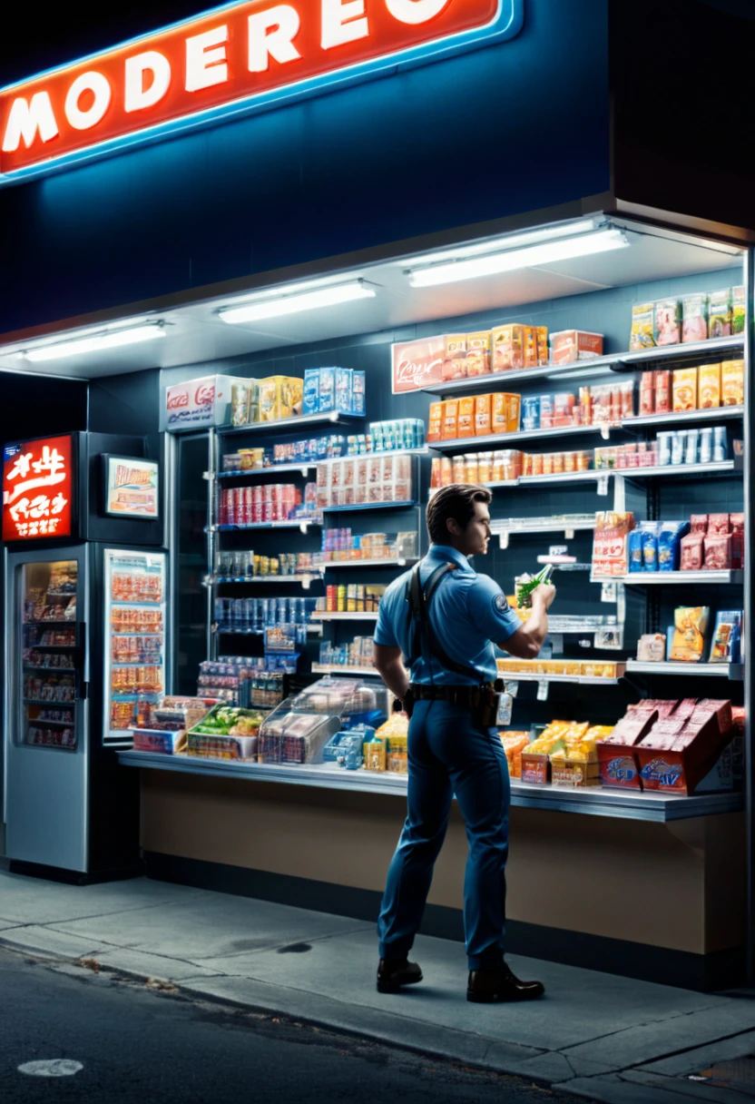 midnight convenience store, Movie Still, action shot, contra, (masterpiece, best quality, Professional, perfect composition, very aesthetic, absurdres, ultra-detailed, intricate details:1.3)