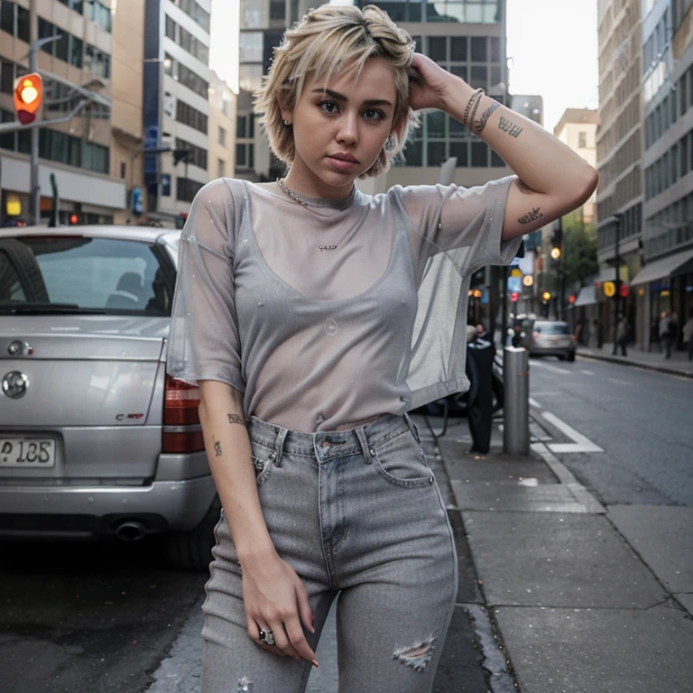 Miley Cyrus with dyed blonde hair wearing gray transparent top and jeans