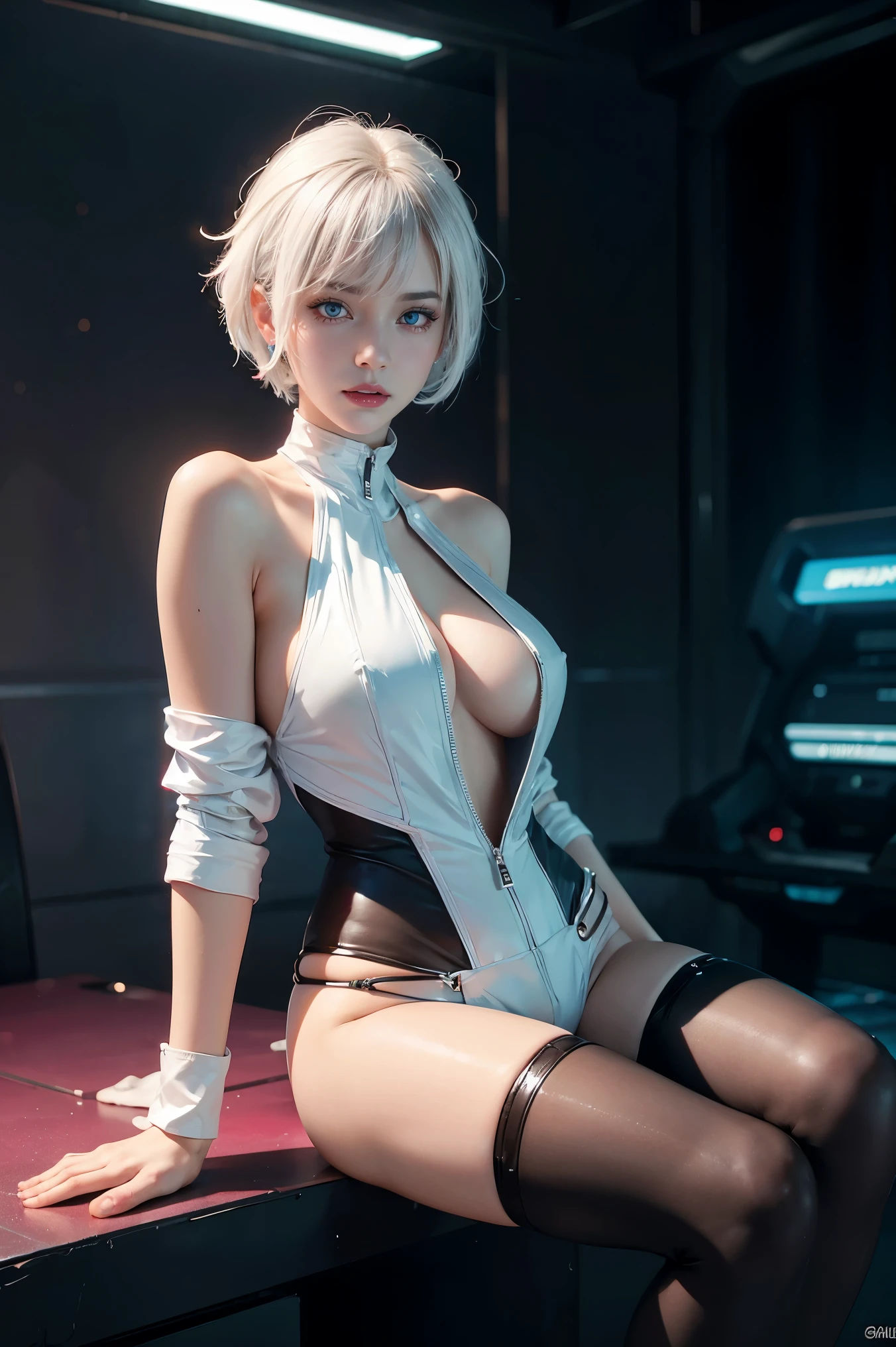 photorealistic, high resolution, 1women, naked, mature female, solo, blue eyes, hips up, white off-shouler jacket, black bodysuit, bare shoulders, white shorts, hip vent, (dynamic pose), fantasy, neon lights, neon trim, ((cyberpunk)), 1 sweet girl,white short hair, bangs, ((red eyeliner)), ((makeup)),red lips, sitting, sexy body, big , pink nipples, no dress