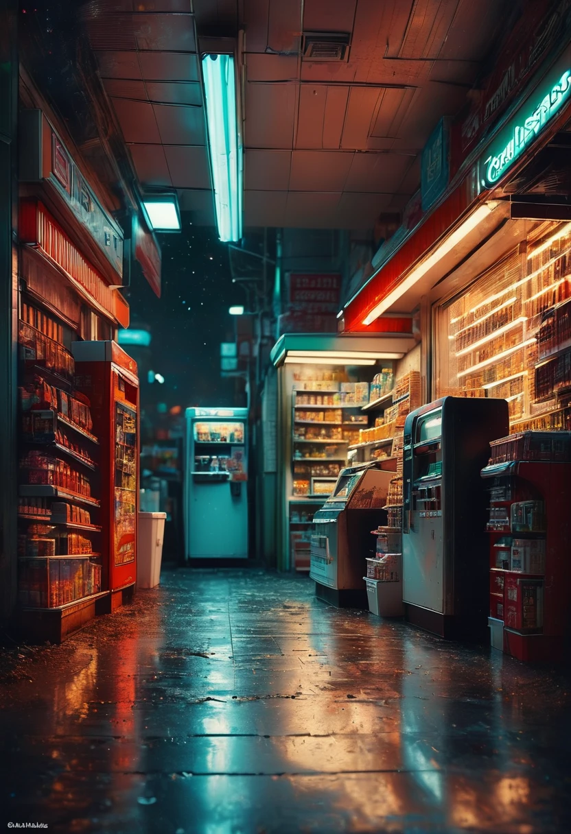 midnight convenience store, best quality, masterpiece, very aesthetic, perfect composition, intricate details, ultra-detailed, by Andy_Lee