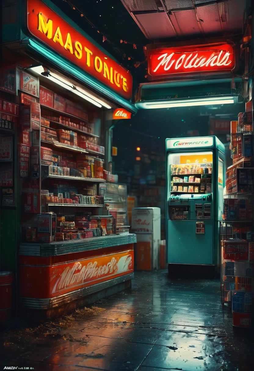 midnight convenience store, best quality, masterpiece, very aesthetic, perfect composition, intricate details, ultra-detailed, by Andy_Lee