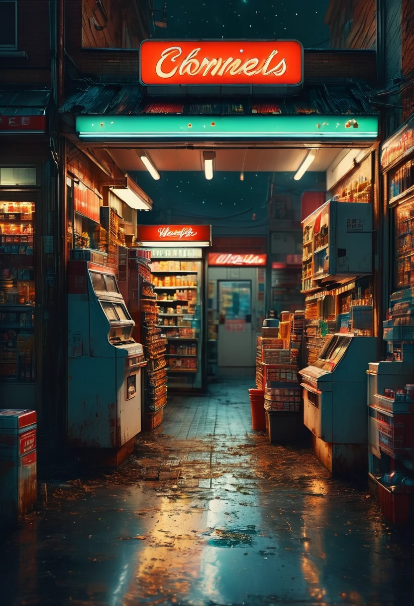 midnight convenience store, best quality, masterpiece, very aesthetic, perfect composition, intricate details, ultra-detailed, by Andy_Lee