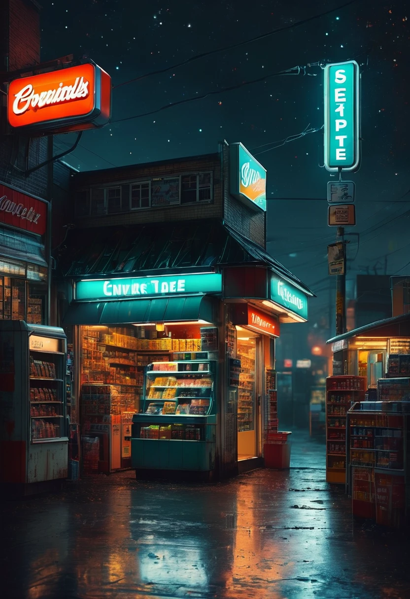 midnight convenience store, best quality, masterpiece, very aesthetic, perfect composition, intricate details, ultra-detailed, by Andy_Lee