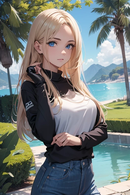 "Los fondos de pantalla CG Unity 8K extremadamente detallados,obra maestra,La mejor calidad de imagen,【😊Bosque de colores,profundidad de campouchas gotas salpicando:1.2,petals,juguetes rodean,ventania,follaje,campos cubiertos de hierba,volumetric light】pelo rubio,Estar rojo en la cara,smile,Half your body is in water.,naruto,este,vestimenta fuera del hombro,flequillo cubre un ojo,gordo,Look at the camera,playa de mar,swimsuits,nubes,playa de arena,