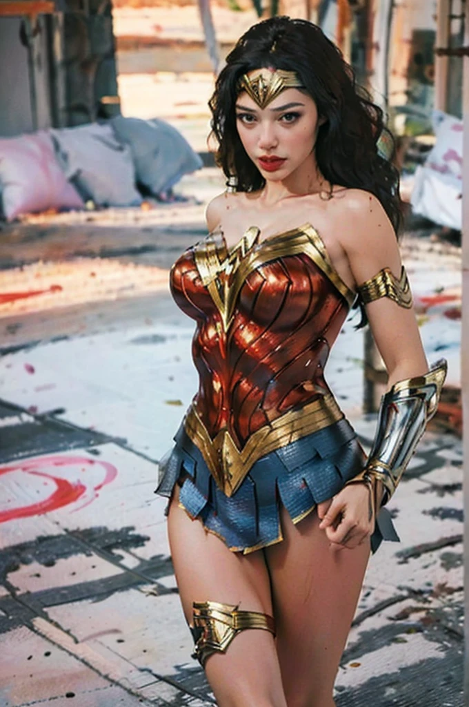 Create a painting that captures the essence of a powerful emotional sexy wonder woman. Use bold brushstrokes, vibrant colors, and abstract shapes to convey the intensity of the emotions.