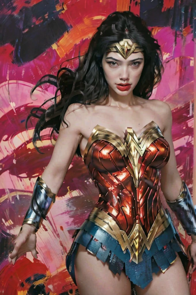 Create a painting that captures the essence of a powerful emotional sexy wonder woman. Use bold brushstrokes, vibrant colors, and abstract shapes to convey the intensity of the emotions.