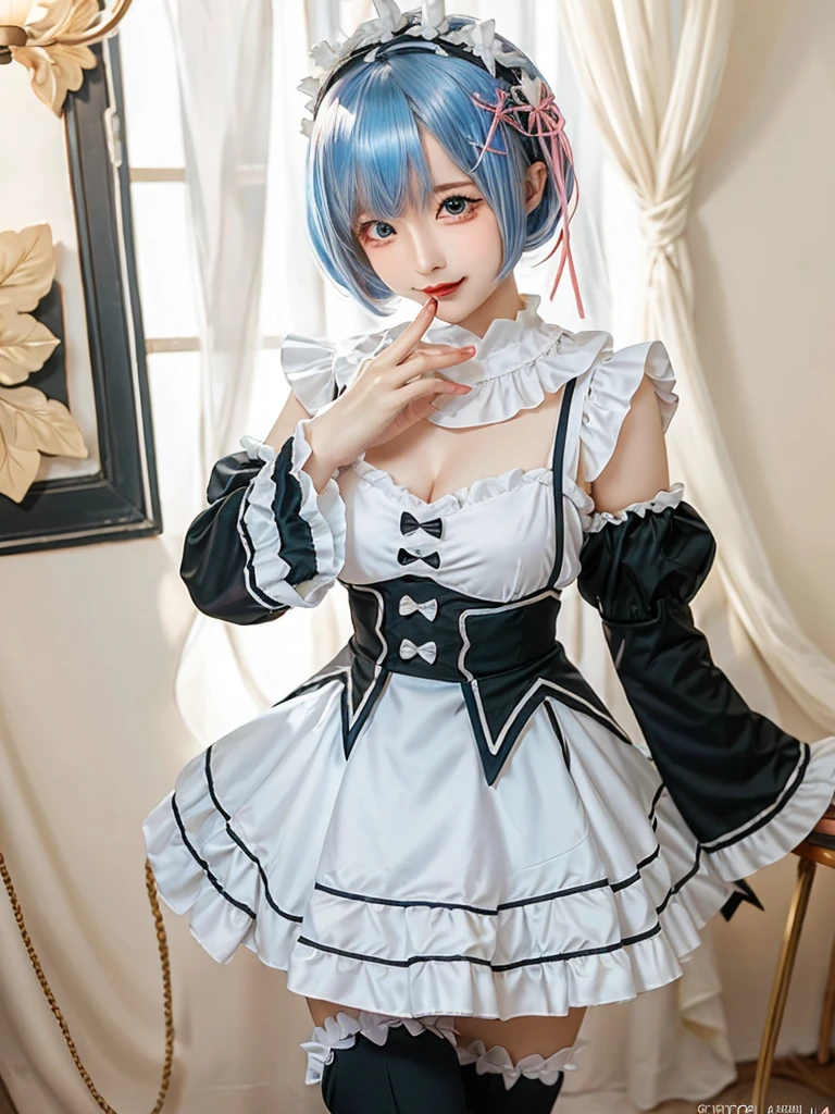 (8K, Photorealistic, Raw photo, of the highest quality: 1.3), (1girl in), Super beautiful, (Realistic face), (boyish, pink Color Berry Shorthair), Beautiful , Glare that captivates the viewer, Beautiful expression, Beautiful breasts, (Realistic skin), Be...Create a detailed and colorful image of Ram and Rem from Re:Zero, standing back-to-back in their maid outfits, with a magical fantasy background、ars old, two girls,cute, perfect face, beautiful, nice body, gothic lolita clothes, gothic lolita fashion, frilly skirt, headdress, necklace, bracelet, knee-high socks, boots, double eyelids, tear bags, Detailed down to the fingers, photo-like description, indoors, dim indoor lighting, one girl is pink hair and short bob, another girl is light blue hair and short bob,standing, sexy posing,whole body, composition that shows the whole body, smiling,The Both of them are wearing the same type of maid outfit,Optimal ratio of 4 fingers and 1 thumb
