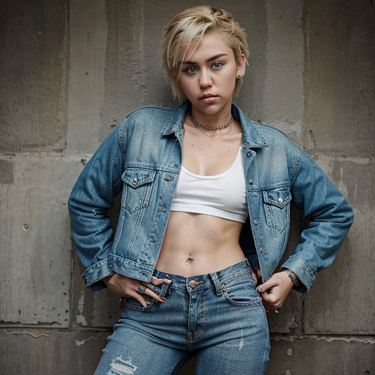 Miley Cyrus with dyed blonde hair dressed in denim jacket and leather jeans with angry look