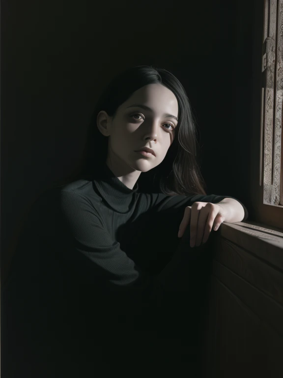 hay un hombre con barba y camisa negra, un retrato inspirado en Katia Chausheva, tumblr, tonalism, misterioso retrato de una mujer, Figura amortajada, imagen inquietante, misterioso retrato espeluznante, Bill Henson, retrato de esquizofrenia oscura, figura fantasmal, figura en la oscuridad, Bastien Lecouffe - Deharme, Eugene Career