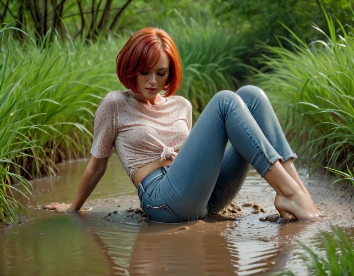 (best quality,4k,8k,highres,masterpiece:1.2), ultra-detailed, grainy film photo, (realistic,photorealistic,photo-realistic:1.37), 70s setting:1.2,woman with red bob-cut hair, dressed inblouse and (Levis soaking wet jeans), She falling on her butt into soft mud while (simulates intercourse:1.2). Her facial expression reflects gloomy ecstasy. The nature surrounding her - green trees and grass, bushes and small stones are visible in the background. Light falls through the foliage, creating patterns on the surface of water and silt. An atmosphere of mystery and exploration of one’s own feelings, freckles, sweat, blush, levis jeans